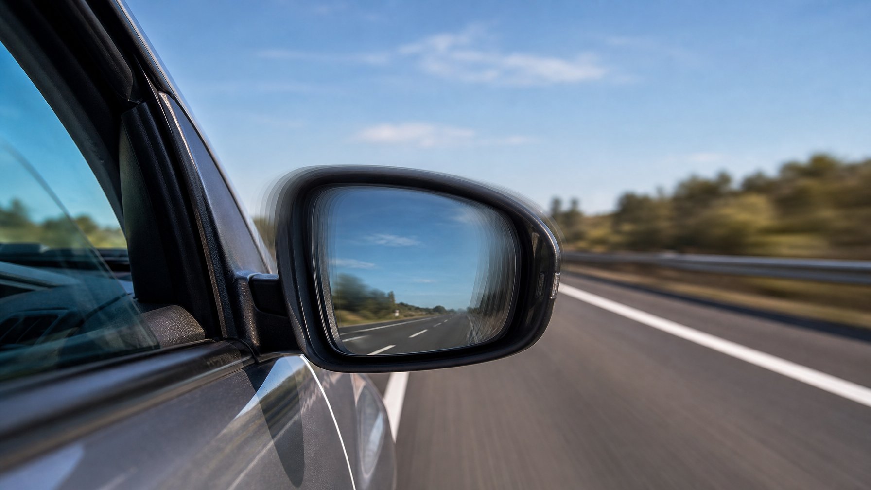 Foto close-up kaca spion mobil yang bergetar saat melaju di jalan raya dengan latar belakang jalan yang bergerak cepat.