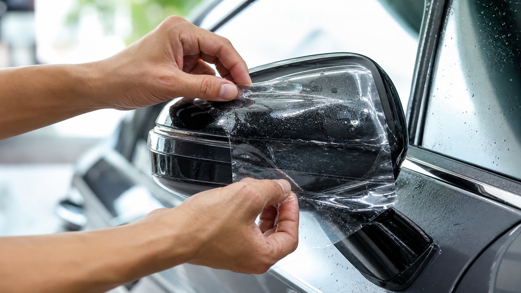 Tangan seseorang sedang memasang kaca film anti air pada spion mobil.