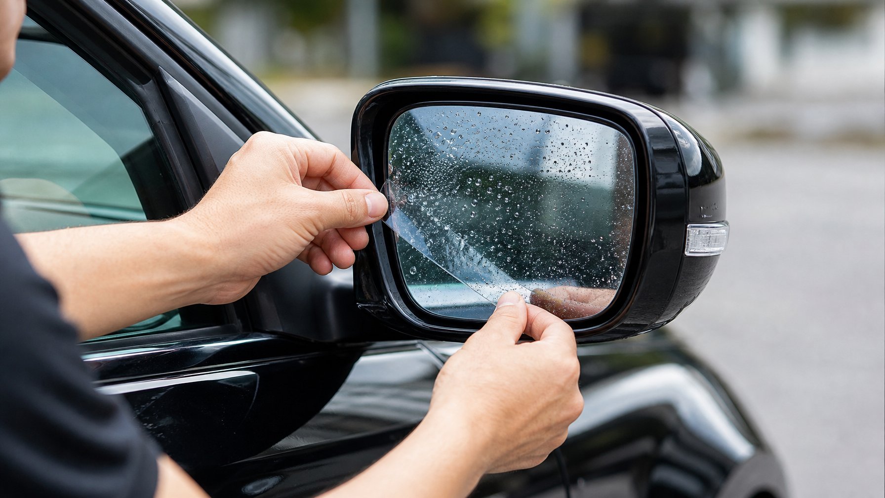 Seseorang sedang memasang kaca film anti air pada spion mobil di luar ruangan.