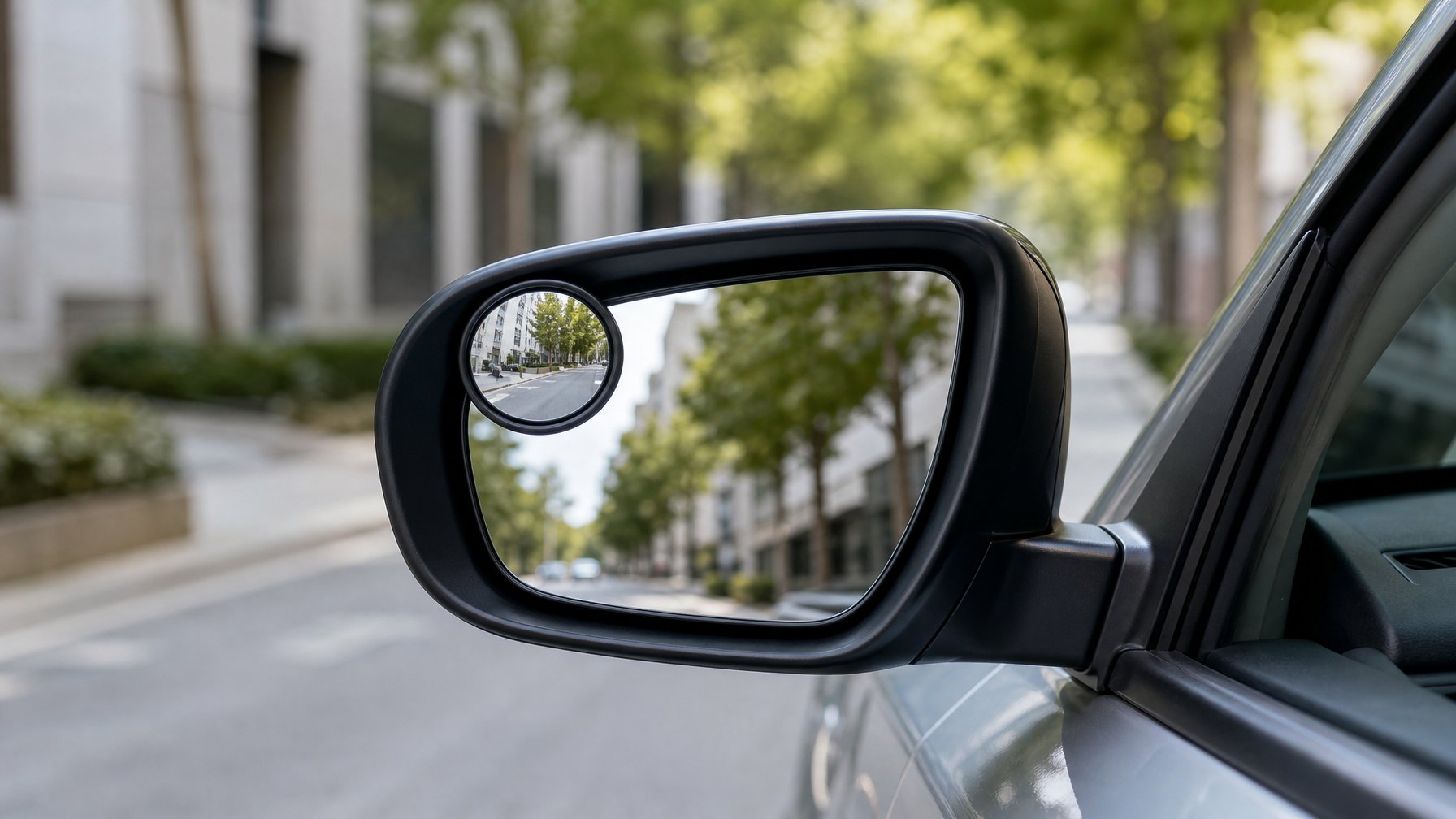Cermin spion mobil dengan spion tambahan untuk blind spot yang terpasang di sudut atas luar spion utama.