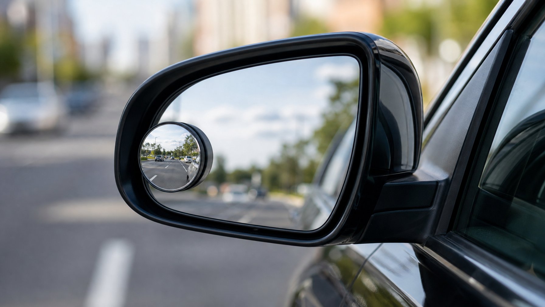 Foto close-up kaca spion mobil dengan spion tambahan untuk blind spot, di jalan perkotaan dengan kendaraan lain di latar belakang.