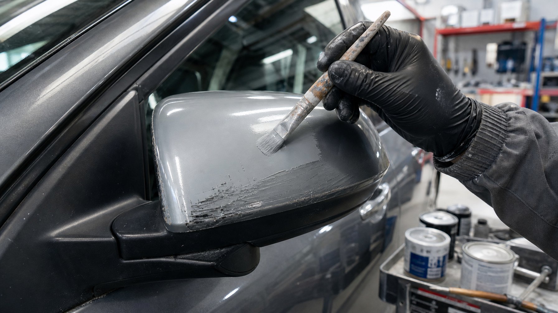 Tangan dengan sarung tangan melukis ulang cat pada batok spion mobil yang tergores di bengkel mobil.