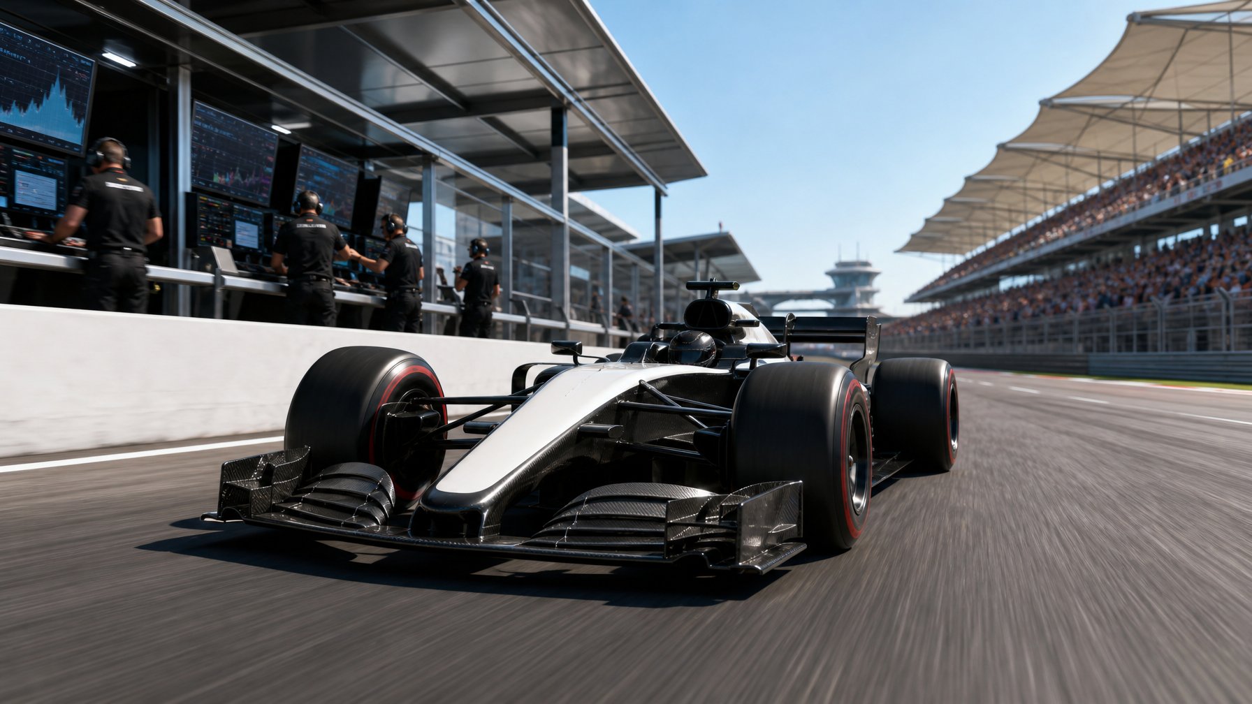 Mobil Formula 1 futuristik sedang melaju di lintasan balap dengan pit lane dan penonton di latar belakang.