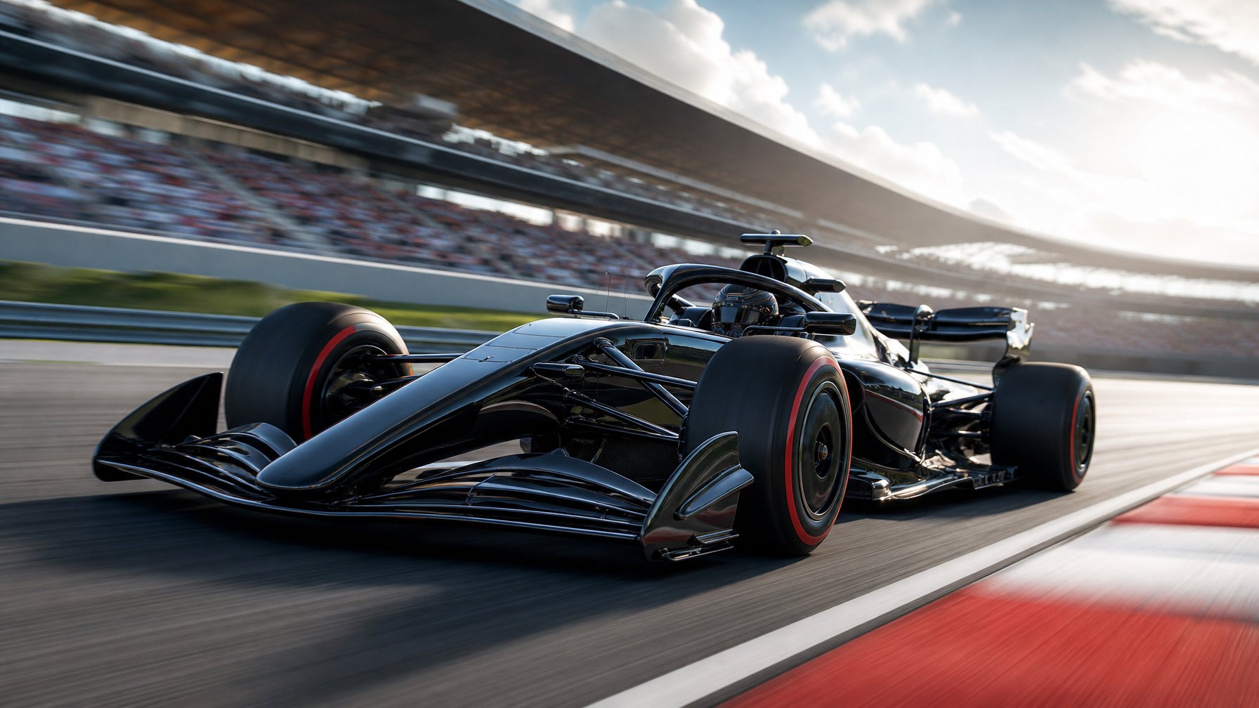 Mobil Formula 1 futuristik berdesain aerodinamis sedang melaju di lintasan balap dengan latar belakang tribun penonton.