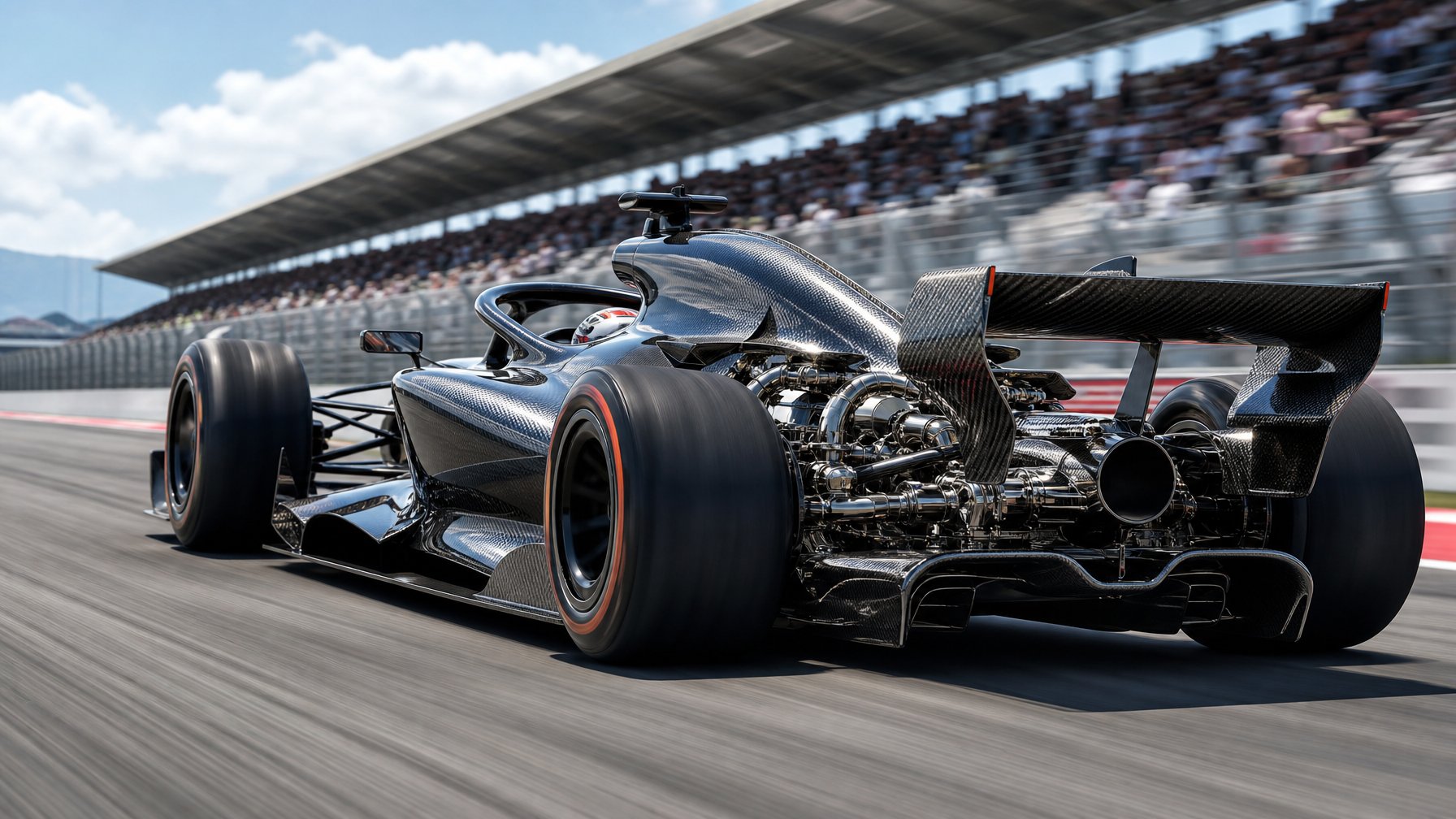 Mobil balap Formula 1 futuristik sedang melaju di lintasan balap dengan penonton di tribun dan langit cerah.
