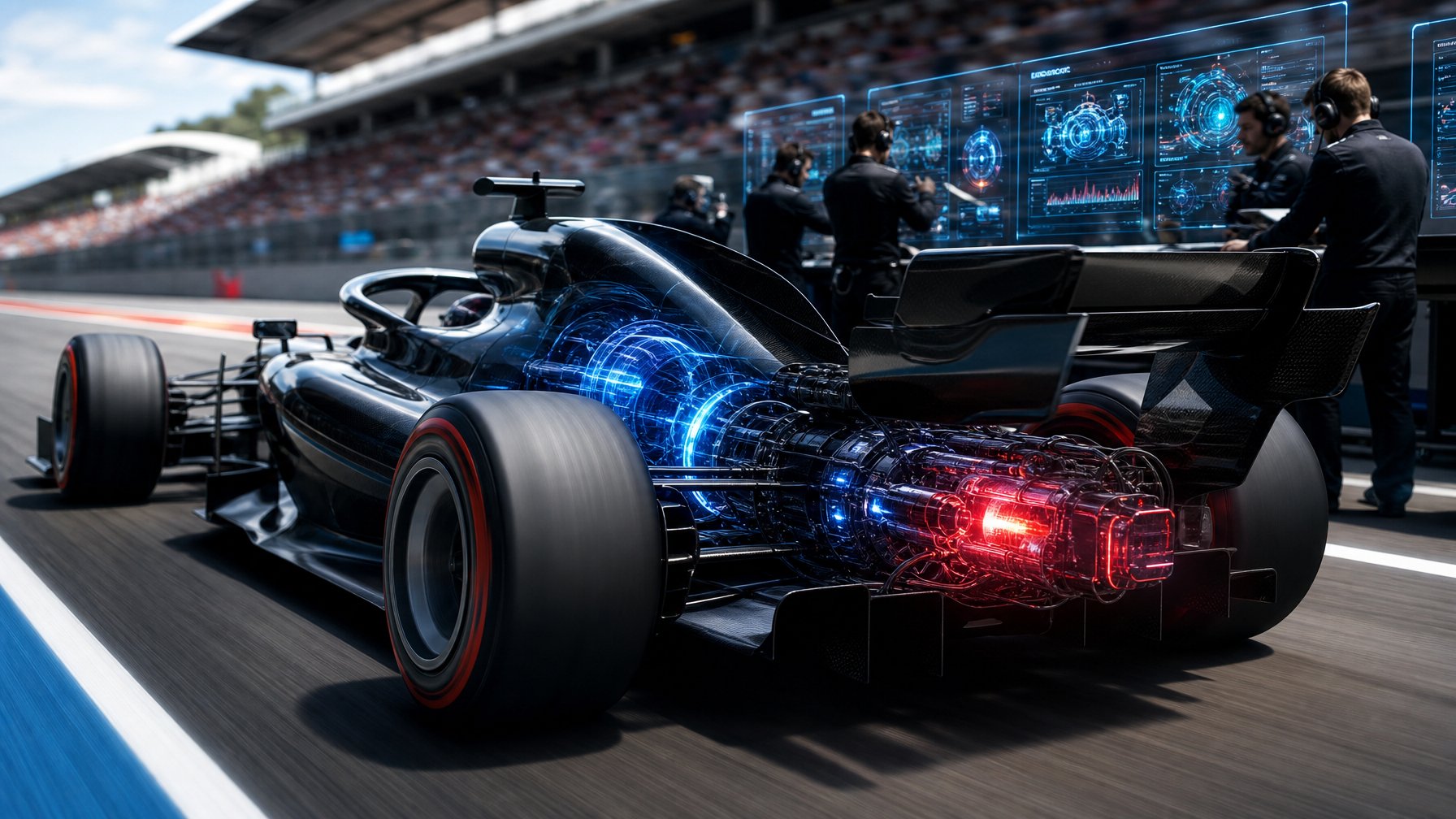 Mobil balap F1 modern sedang melaju cepat di lintasan dengan teknisi di pit lane memantau data menggunakan layar digital.