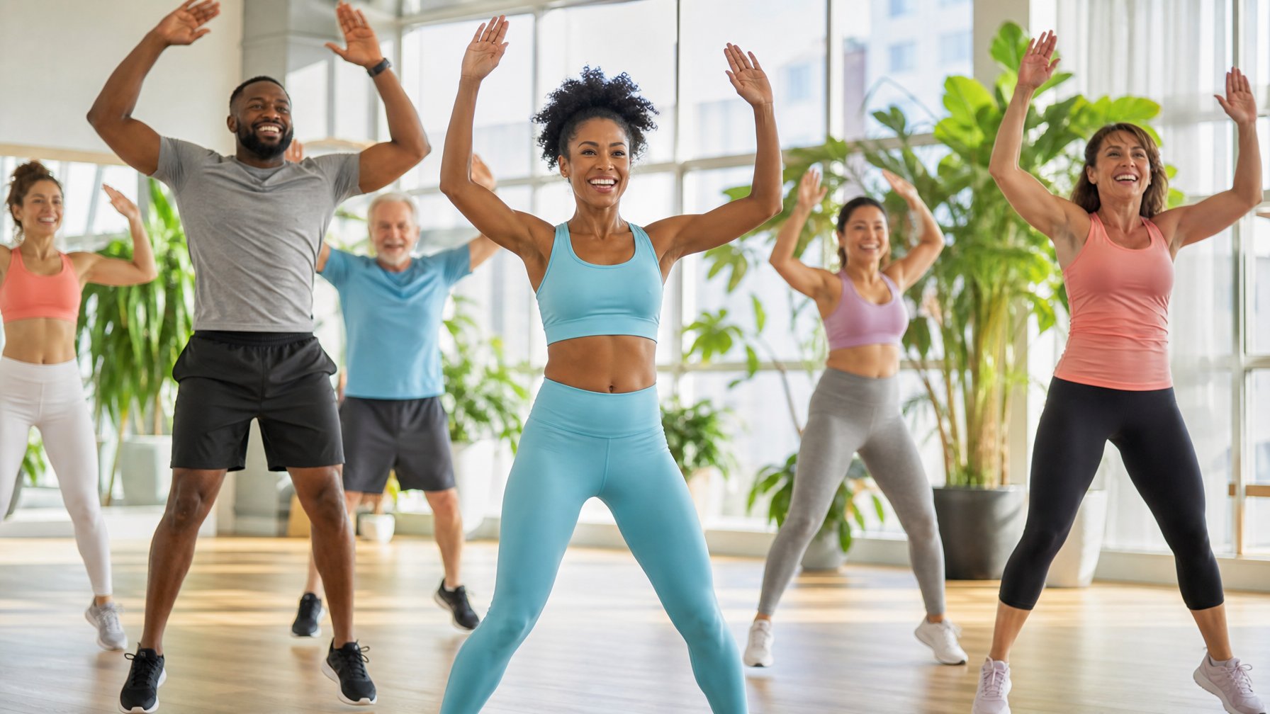 Sekelompok orang berolahraga senam kardiovaskular bersama di sebuah gym dengan pencahayaan alami.