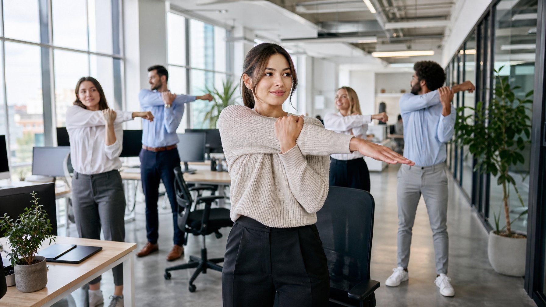 Sekelompok pekerja kantor sedang melakukan senam kesehatan sendi bersama di ruang kantor modern.