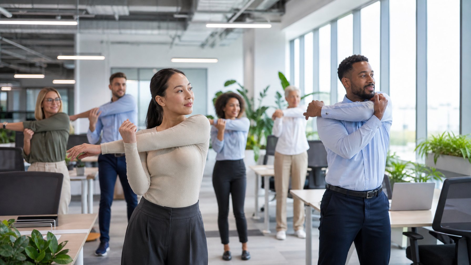 Sekelompok pekerja kantoran melakukan senam kesehatan sendi bersama di ruang kantor modern.