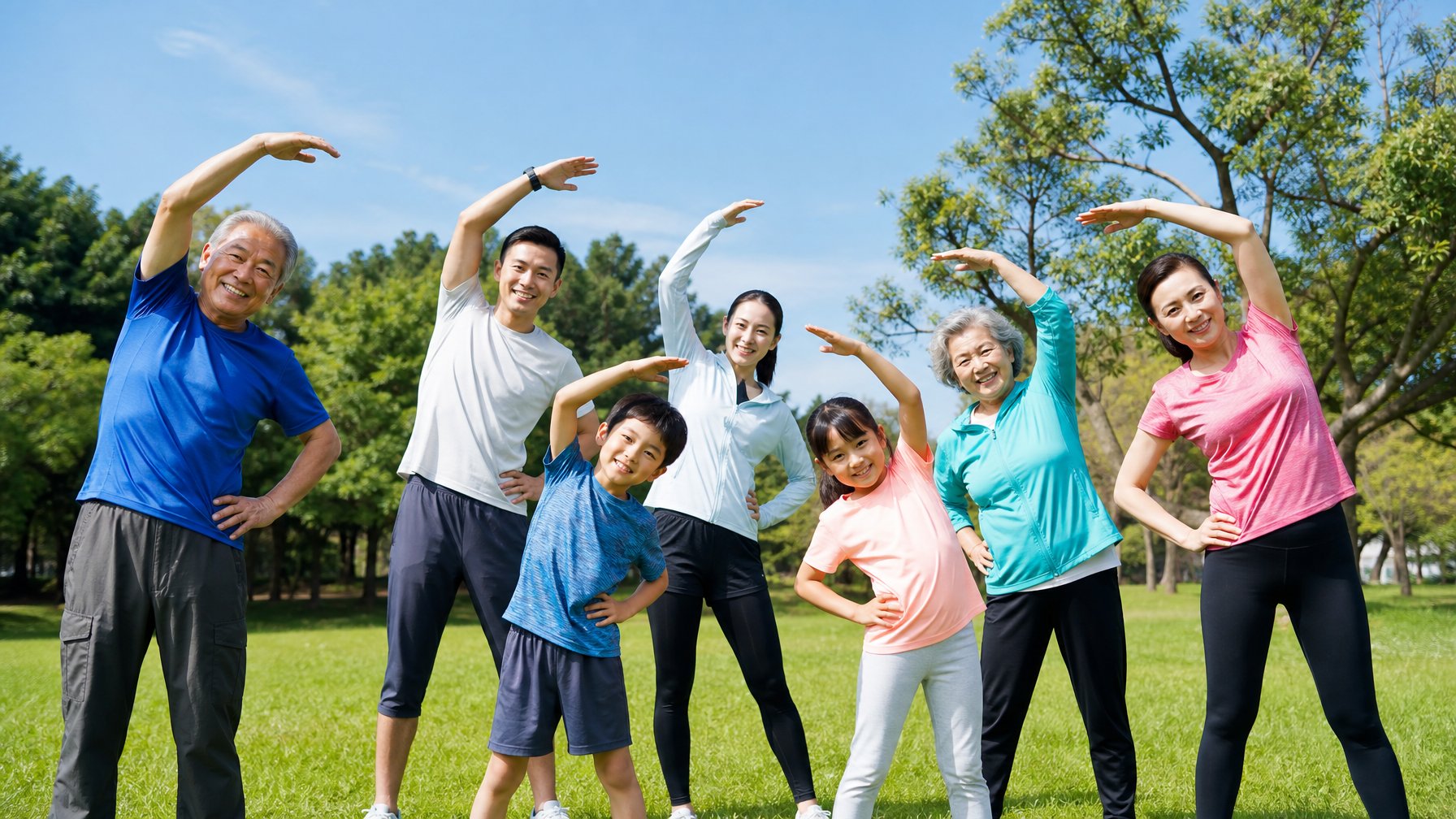 Keluarga multigenerasi sedang berolahraga bersama di taman hijau pada hari cerah.