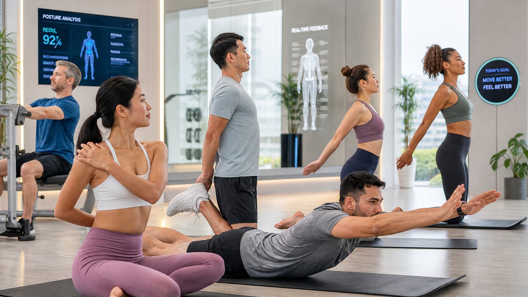 Sekelompok orang dewasa melakukan latihan koreksi postur tubuh di sebuah gym modern.