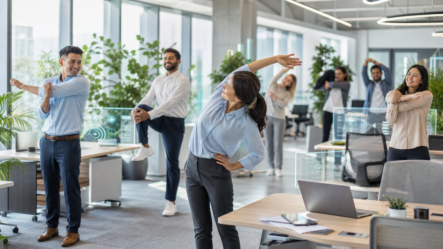 Sekelompok karyawan di kantor modern sedang melakukan senam ringan bersama di ruang kerja yang terang dan terbuka.