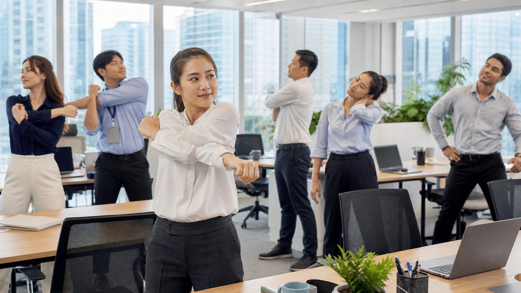Sekelompok karyawan di kantor modern sedang melakukan senam kesehatan ringan di dekat meja kerja mereka.