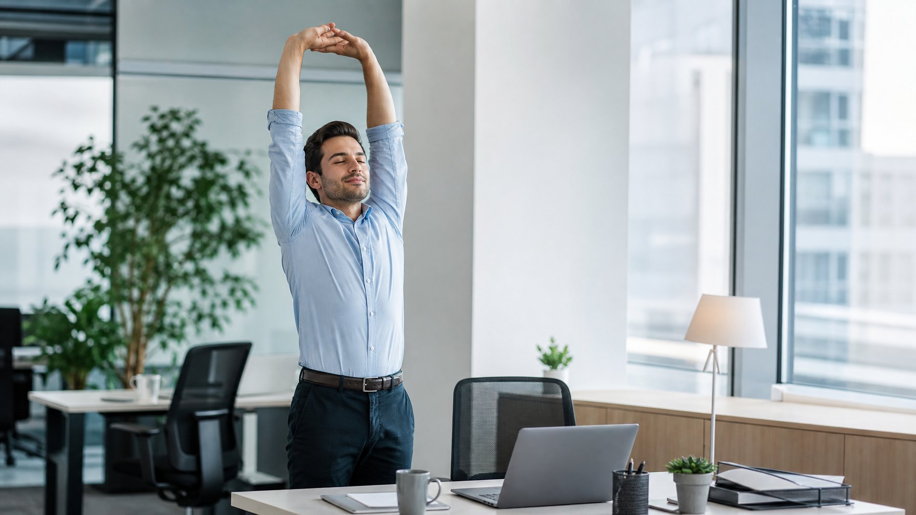 Seorang pekerja kantor sedang melakukan peregangan di samping meja kerjanya di ruang kantor yang terang dan rapi.