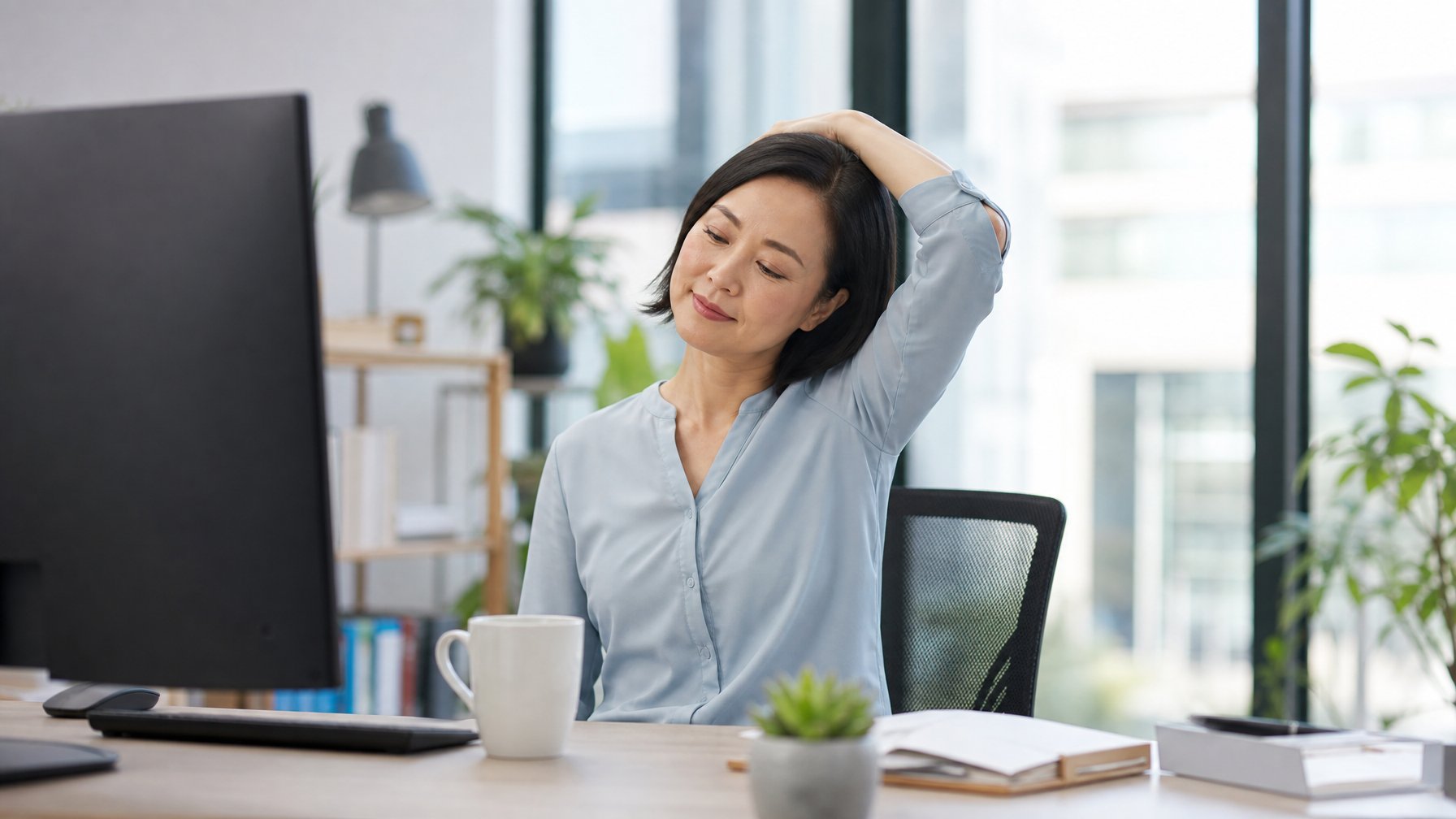 Seorang wanita Asia paruh baya sedang melakukan peregangan leher di depan meja kantor dengan komputer.