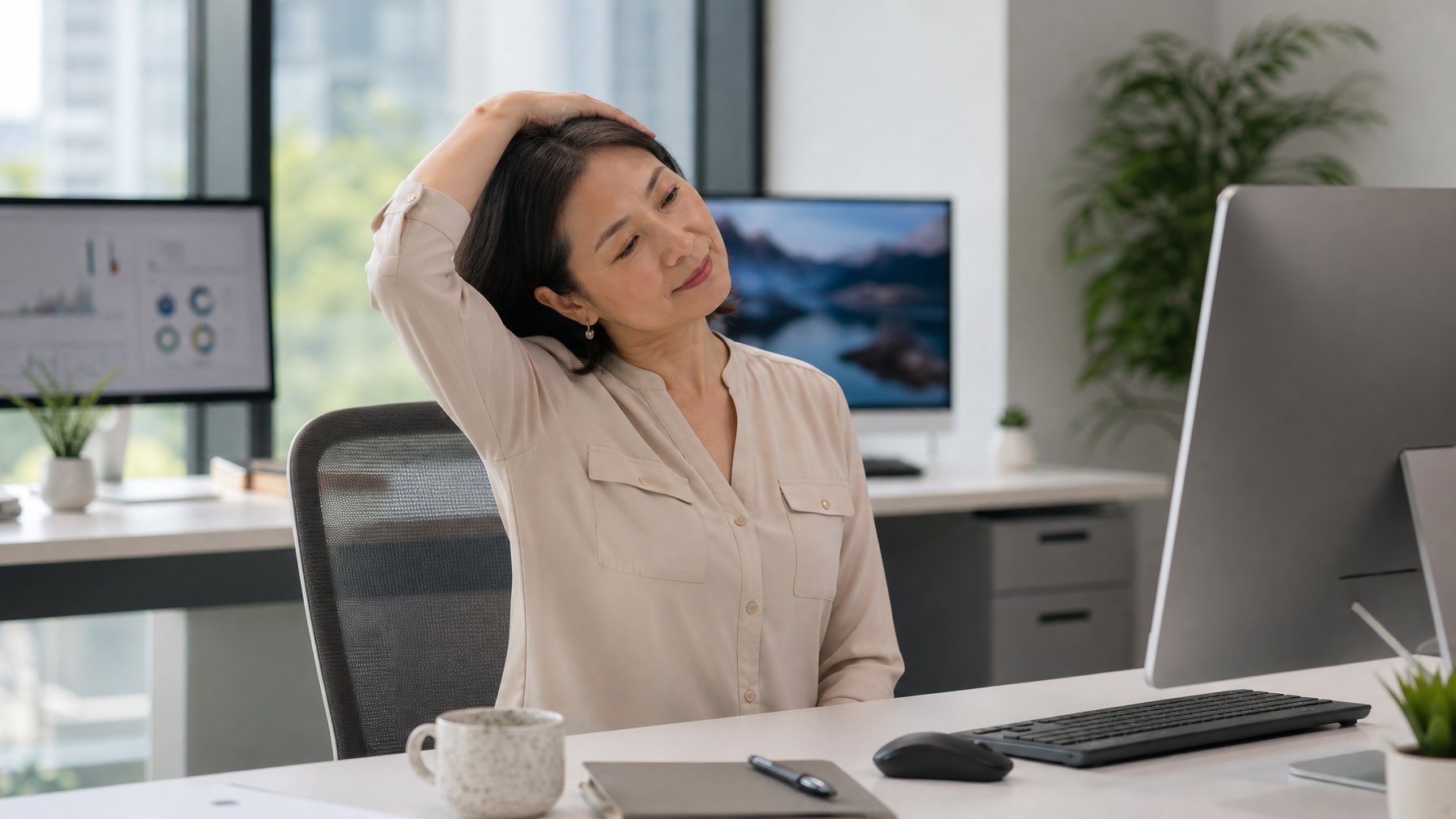Seorang wanita sedang melakukan peregangan leher di kantor dengan komputer di depan.