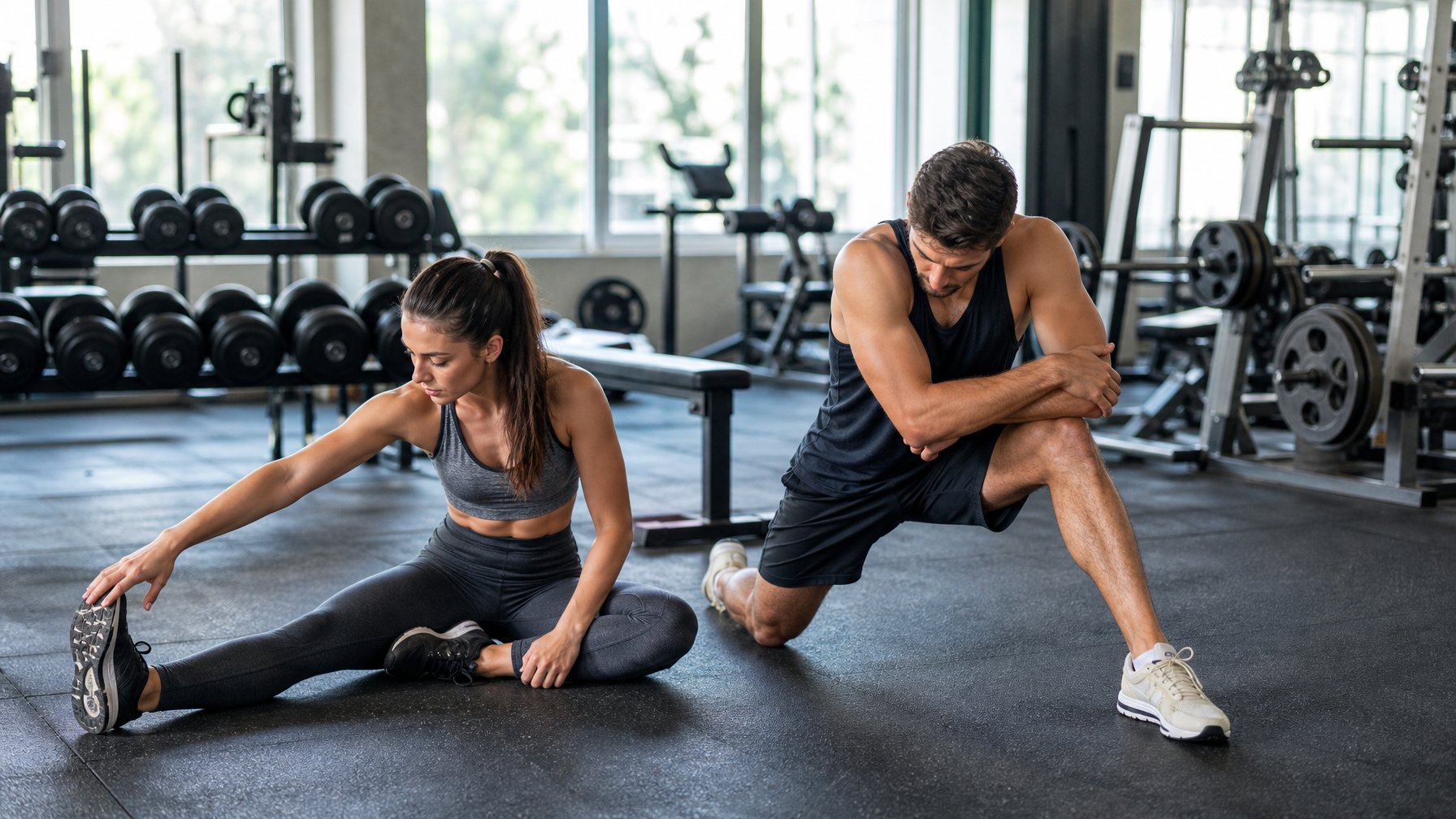 Seorang pria dan wanita melakukan peregangan setelah latihan beban di dalam gym.
