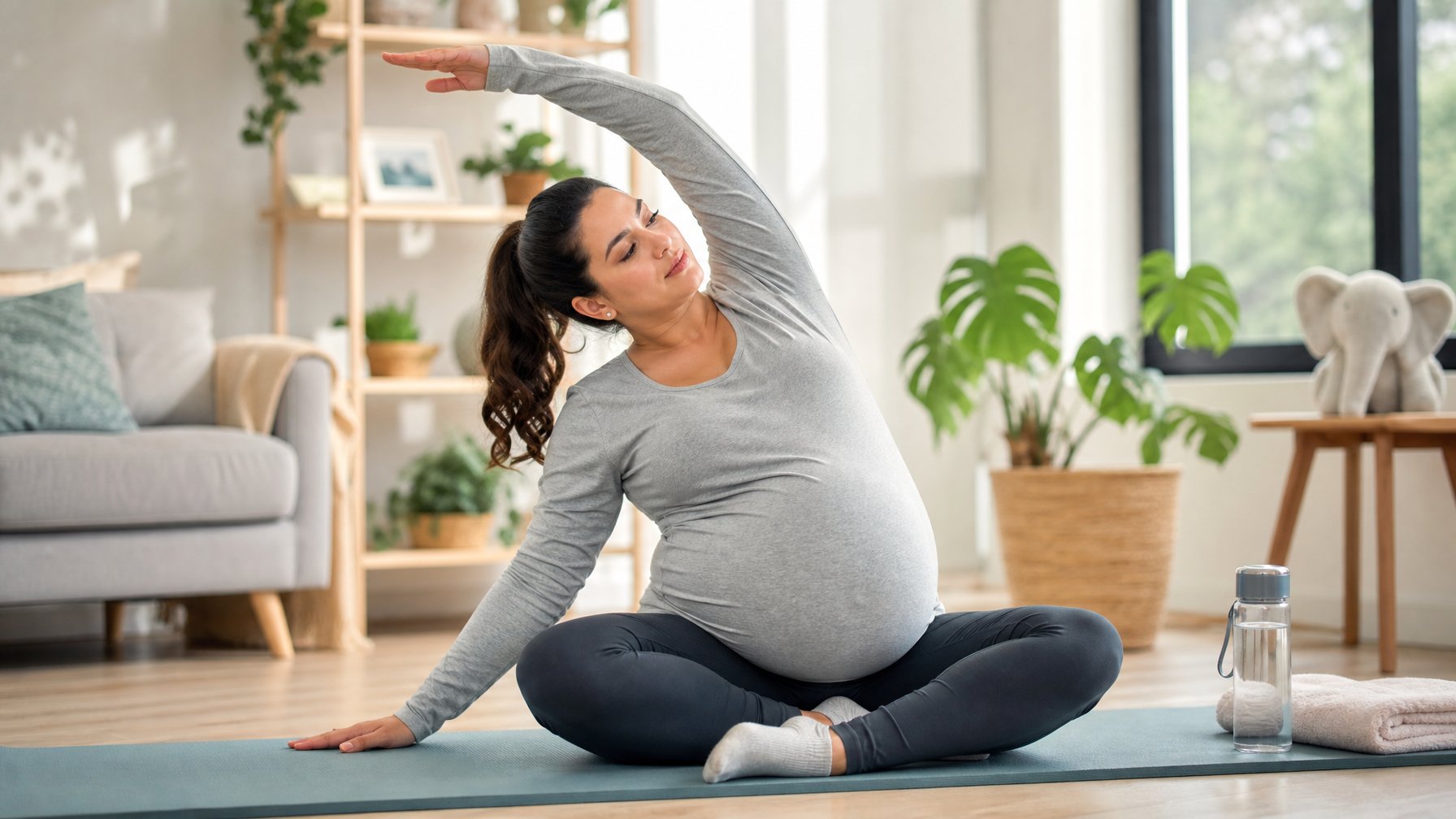 Seorang wanita hamil trimester ketiga sedang melakukan peregangan ringan di dalam ruangan yang cerah dan nyaman.