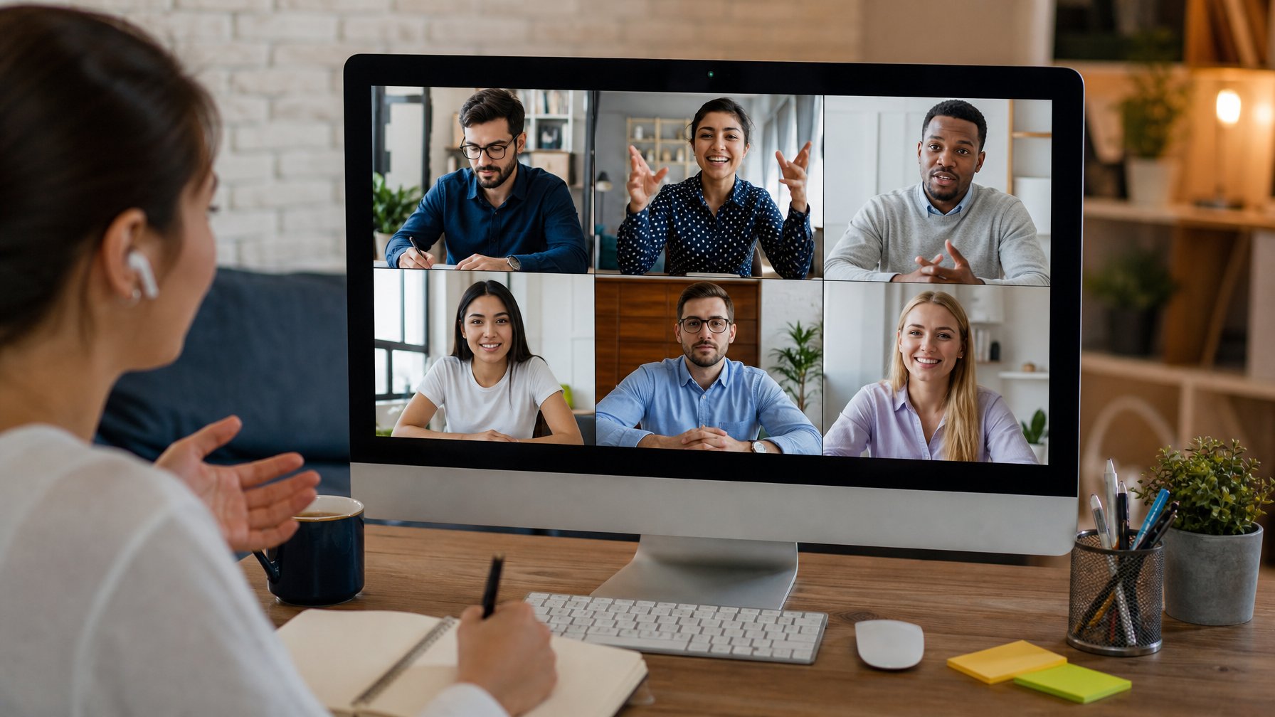 Sekelompok pemimpin tim muda sedang rapat virtual dari rumah dengan layar komputer menampilkan beberapa orang yang berkomunikasi dan bekerja sama.