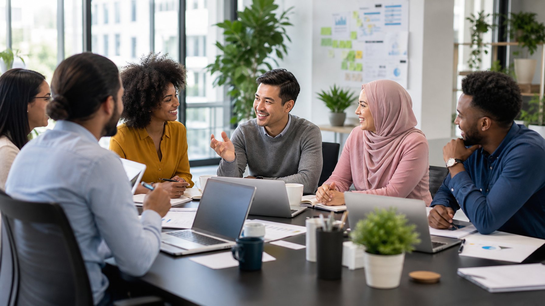 Sekelompok orang dari berbagai latar belakang etnis sedang berdiskusi dan bekerja sama di ruang kantor modern yang terang dan terbuka.