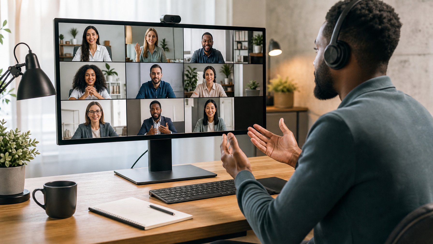 Sekelompok profesional bisnis sedang mengikuti rapat virtual dengan tampilan layar komputer yang menunjukkan beberapa peserta yang berbicara dan mendengarkan dengan serius.