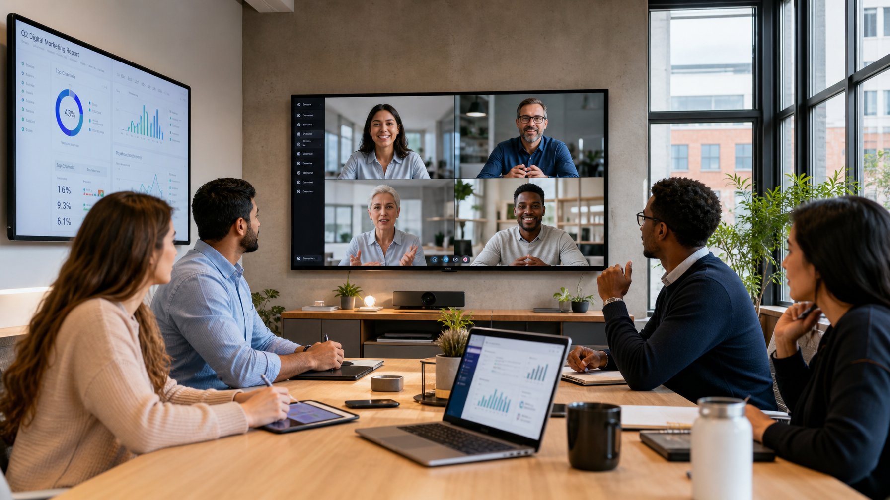 Tim kerja yang beragam berkomunikasi dan bekerja bersama di kantor modern dengan beberapa anggota tim hadir secara langsung dan lainnya melalui layar video.