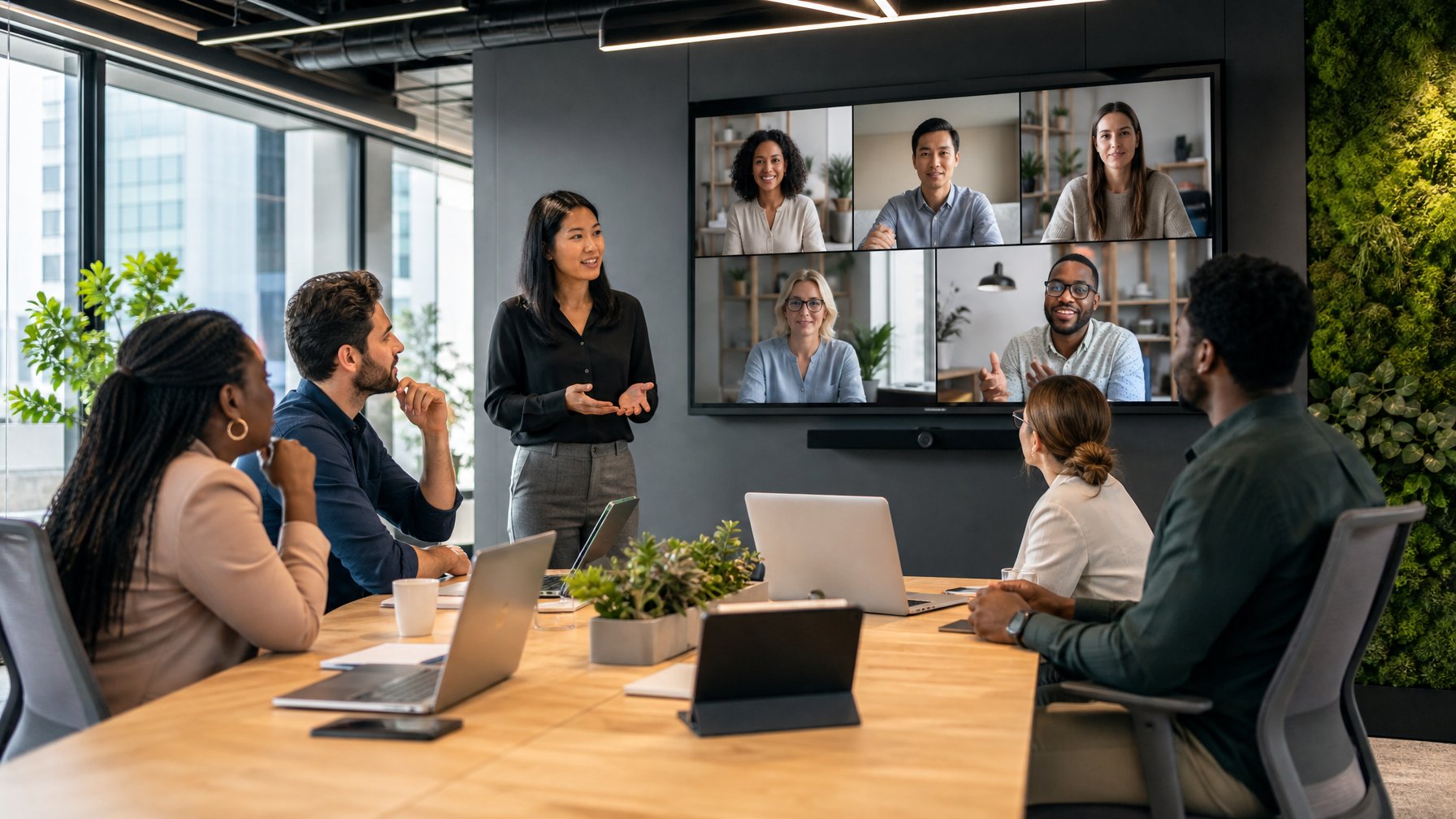 Sekelompok orang bekerja sama dalam ruang kantor modern dengan beberapa orang hadir secara langsung dan lainnya terlihat melalui layar video konferensi.