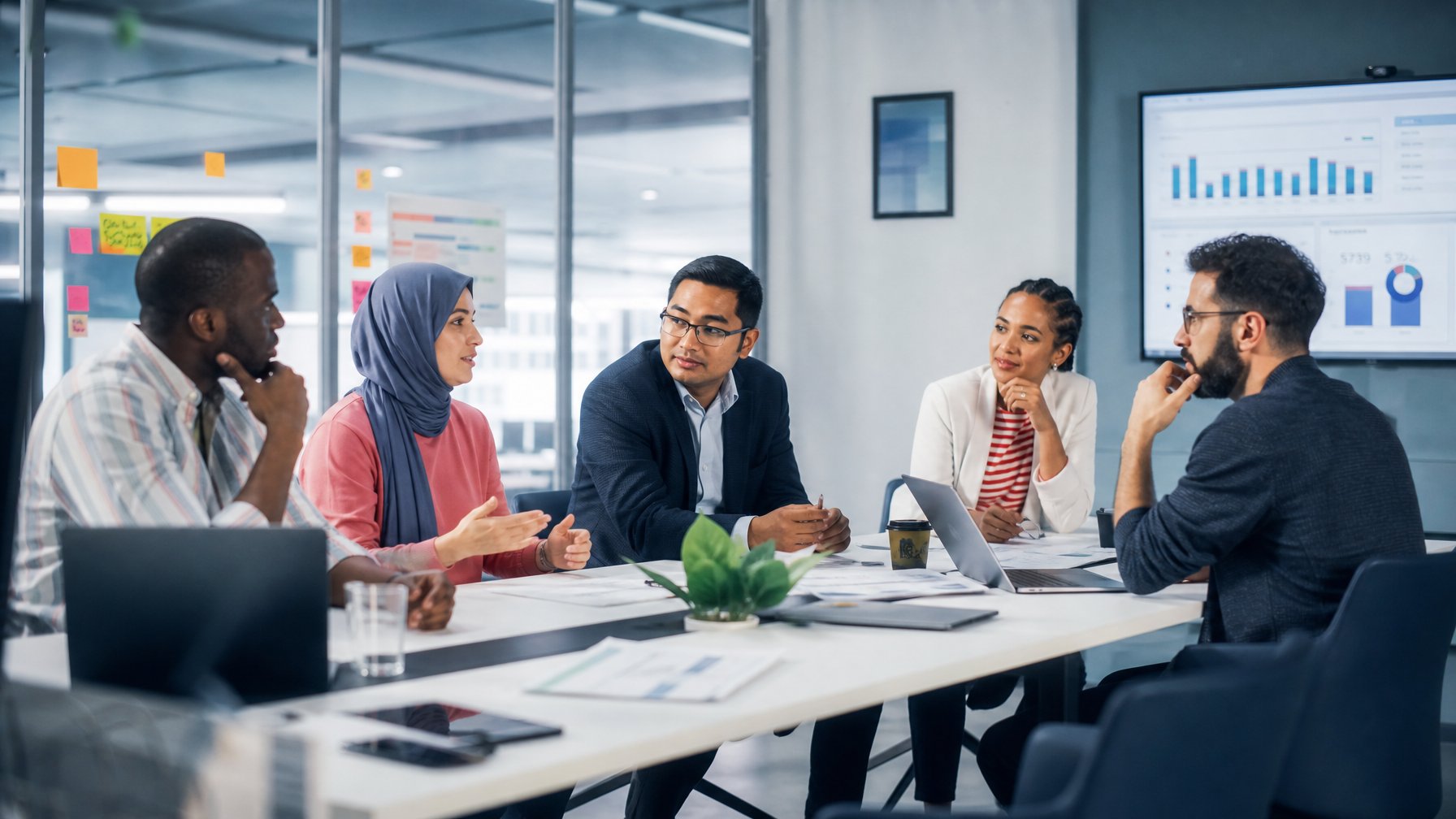 Tim multikultural sedang berdiskusi bersama di ruang kantor modern dengan suasana kerja yang positif dan kolaboratif.