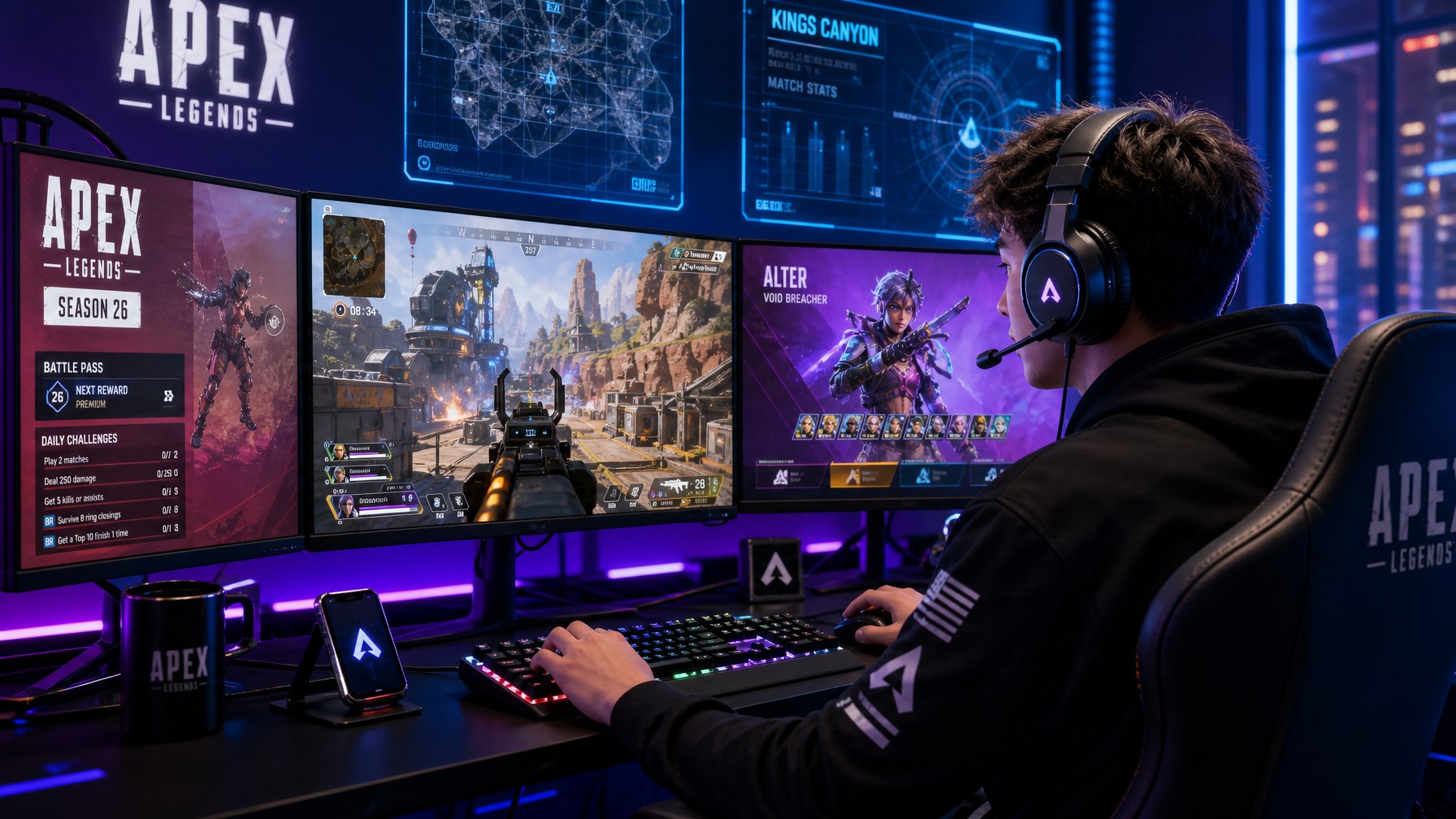 Seorang gamer muda sedang bermain Apex Legends dengan setup gaming modern dan beberapa monitor yang menampilkan permainan yang intens.