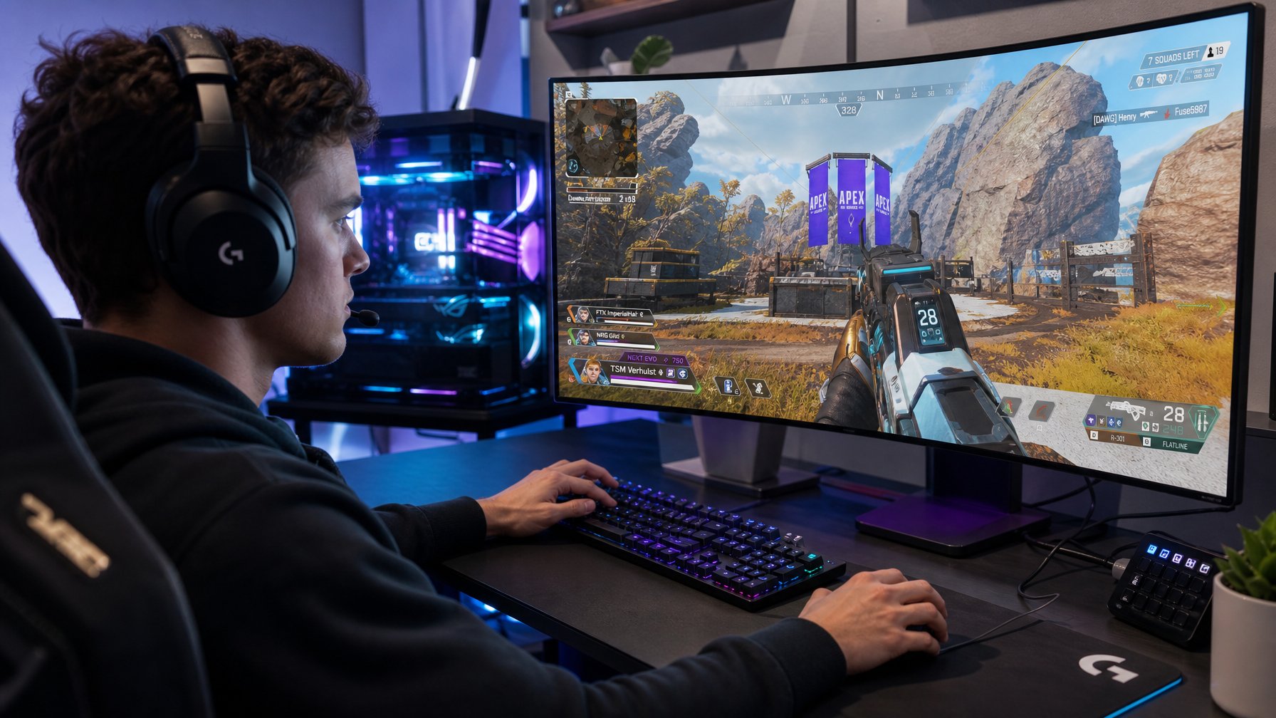 Seorang pemain muda fokus bermain game Apex Legends di depan komputer dengan peralatan gaming modern.