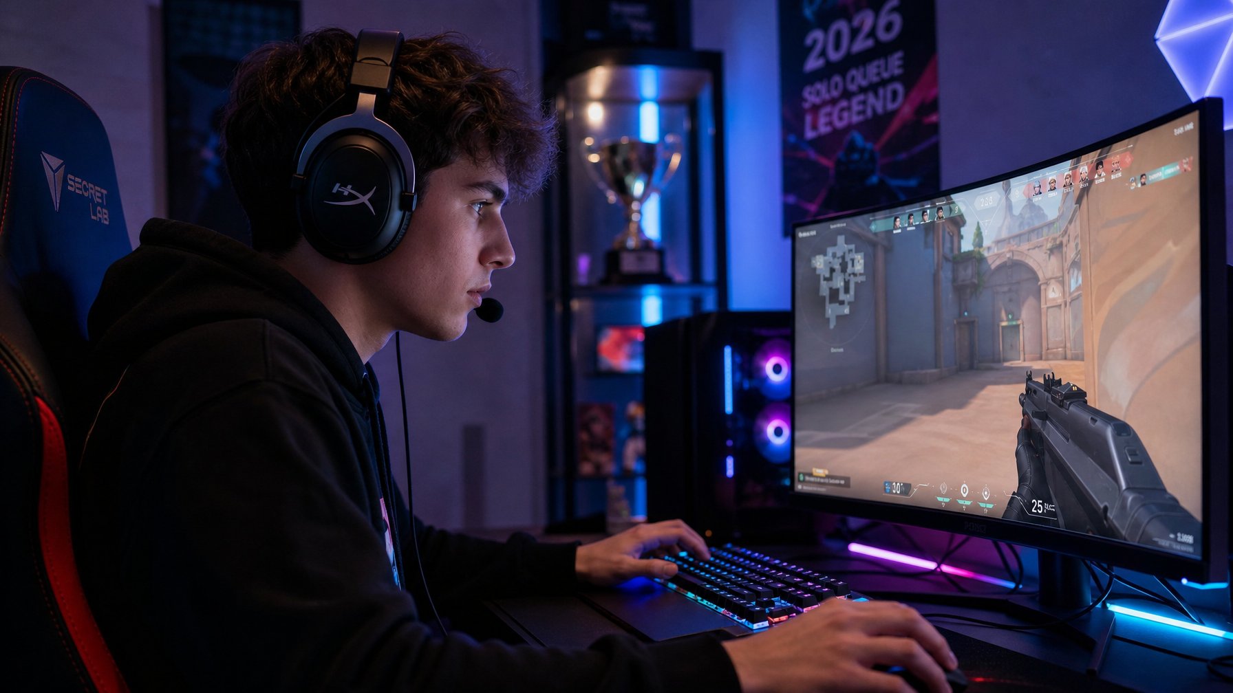 Seorang pemain muda yang fokus bermain game kompetitif di meja gaming dengan lampu RGB dan peralatan gaming modern.