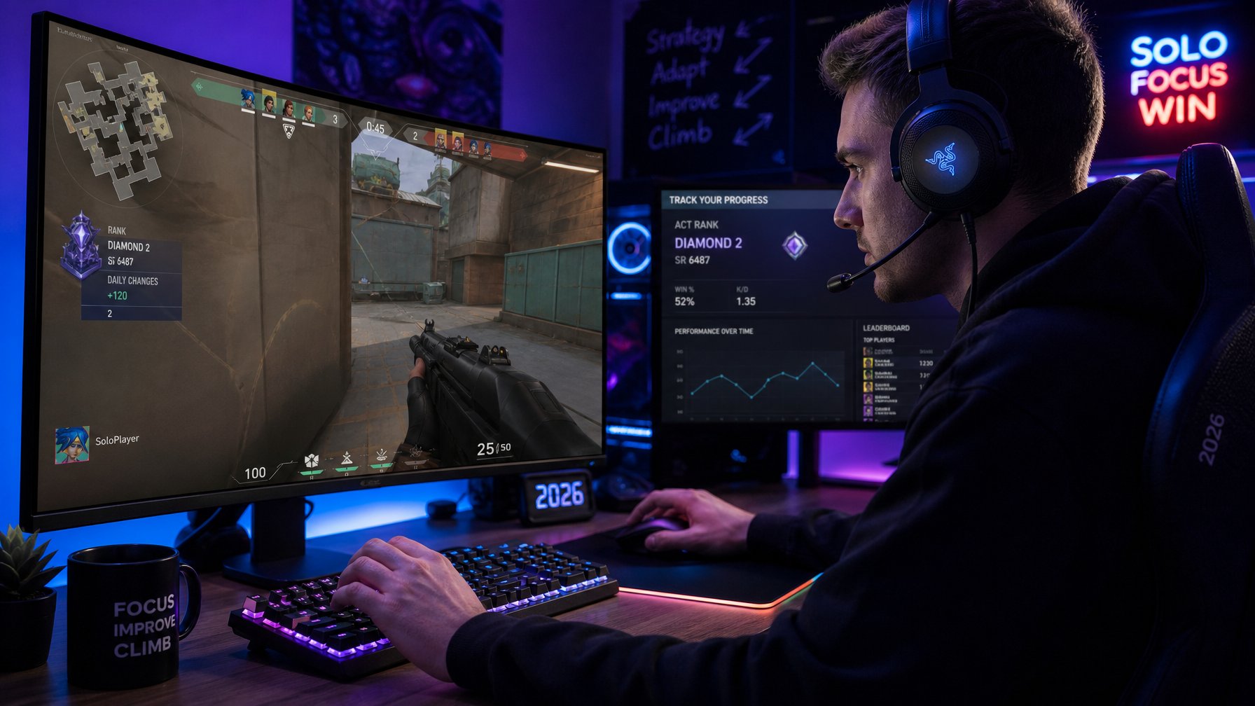 Seorang gamer muda fokus bermain game di meja gaming dengan lampu RGB dan monitor besar.