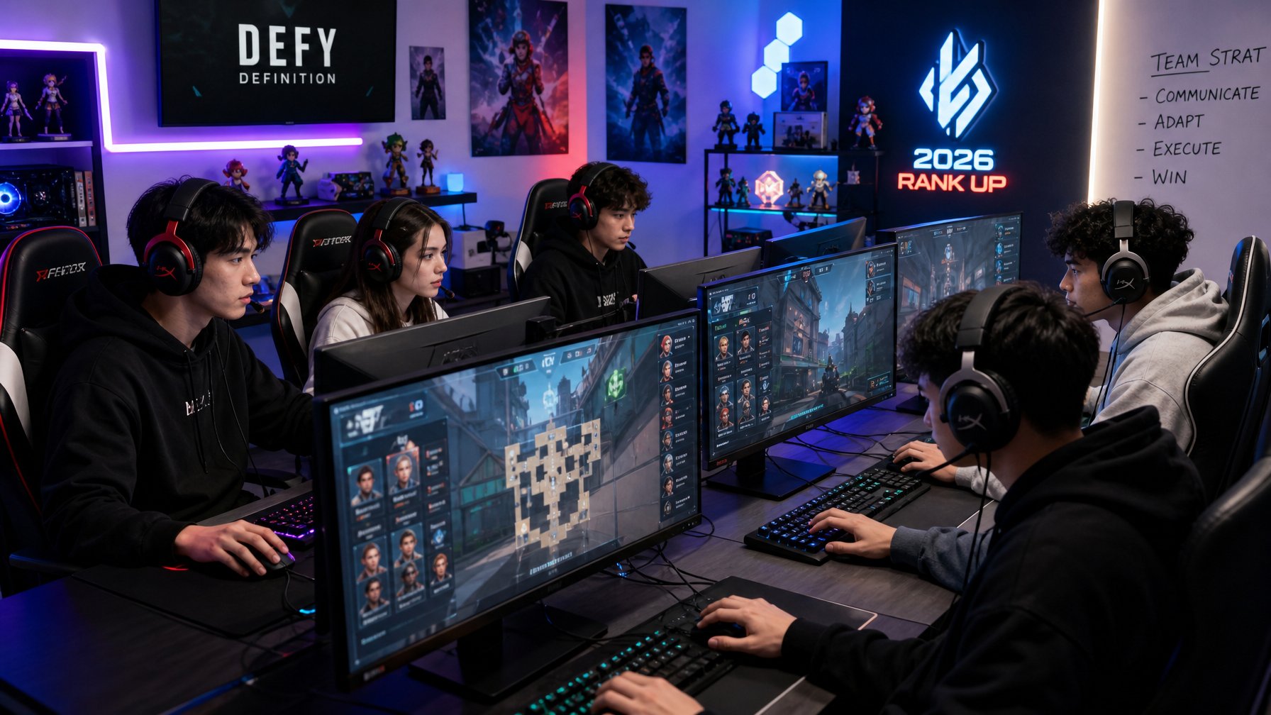 Sekelompok gamer muda sedang bermain game tembak-menembak di ruangan gaming dengan monitor dan peralatan gaming modern.