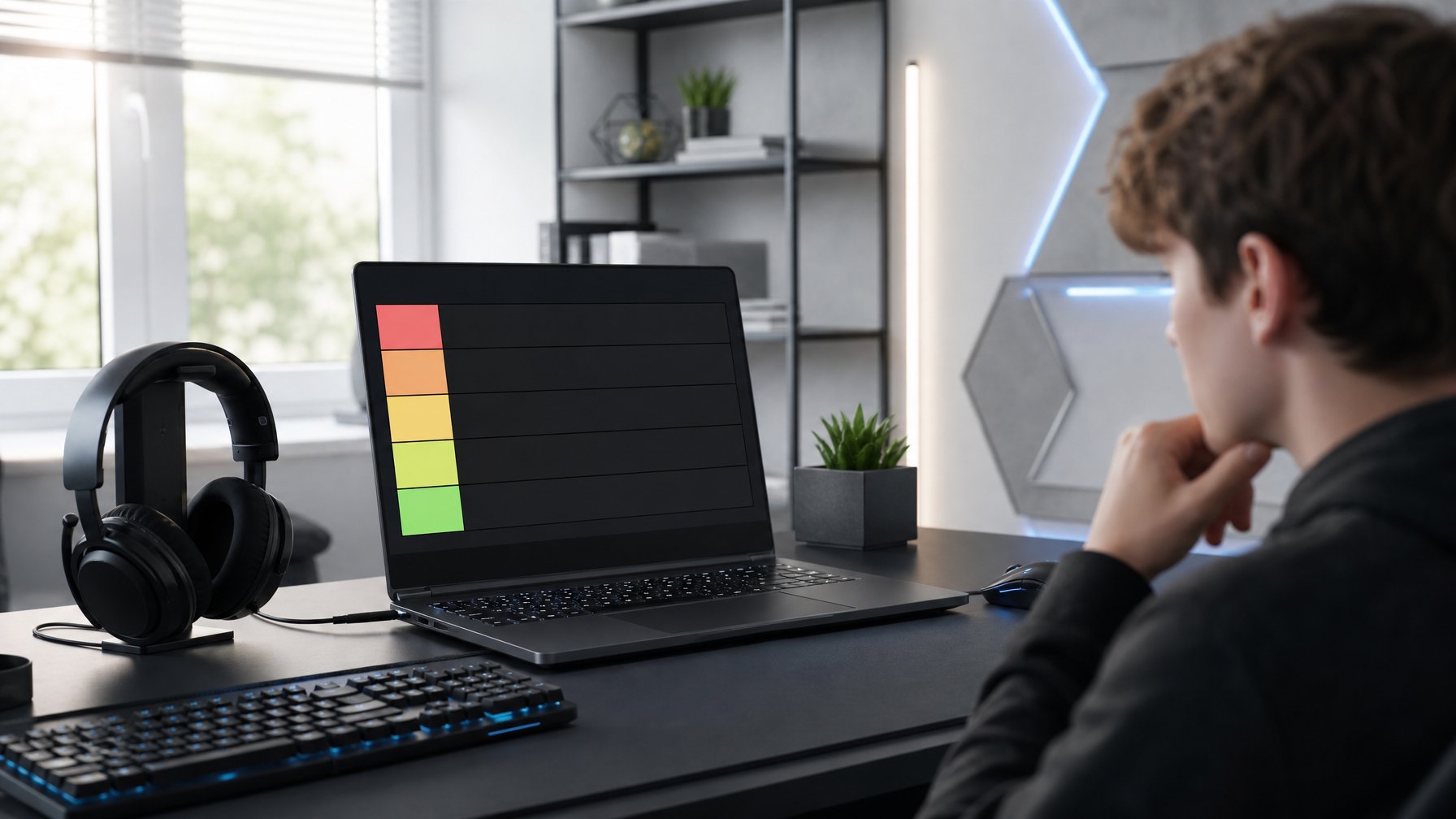 Seorang pemuda sedang duduk di meja kerja dengan laptop yang menampilkan grafik daftar peringkat agen Valorant, dikelilingi oleh aksesori gaming di ruangan yang terang dan rapi.