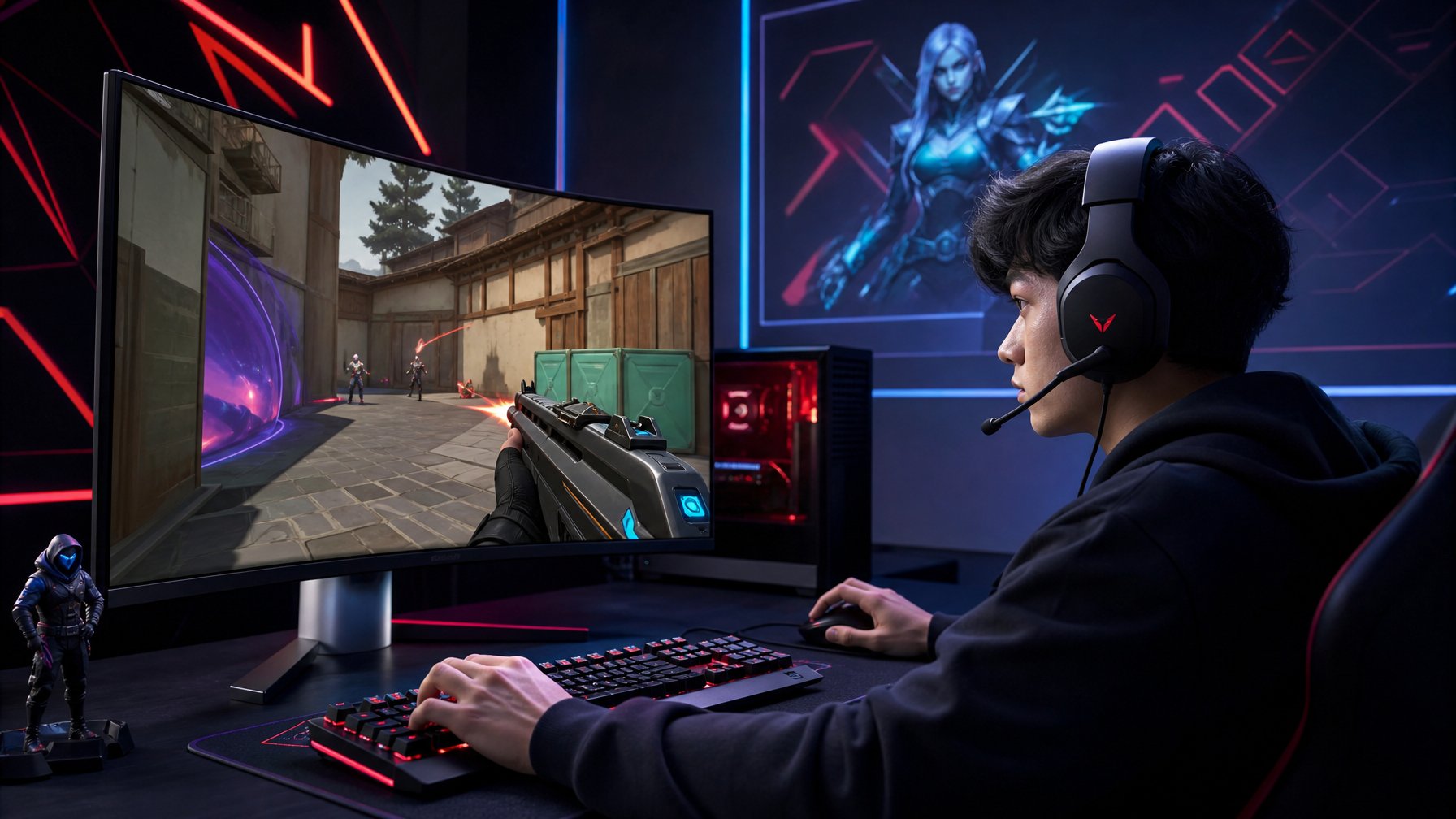 Seorang pemain muda fokus bermain Valorant di meja gaming dengan monitor besar dan peralatan gaming di sekitarnya.