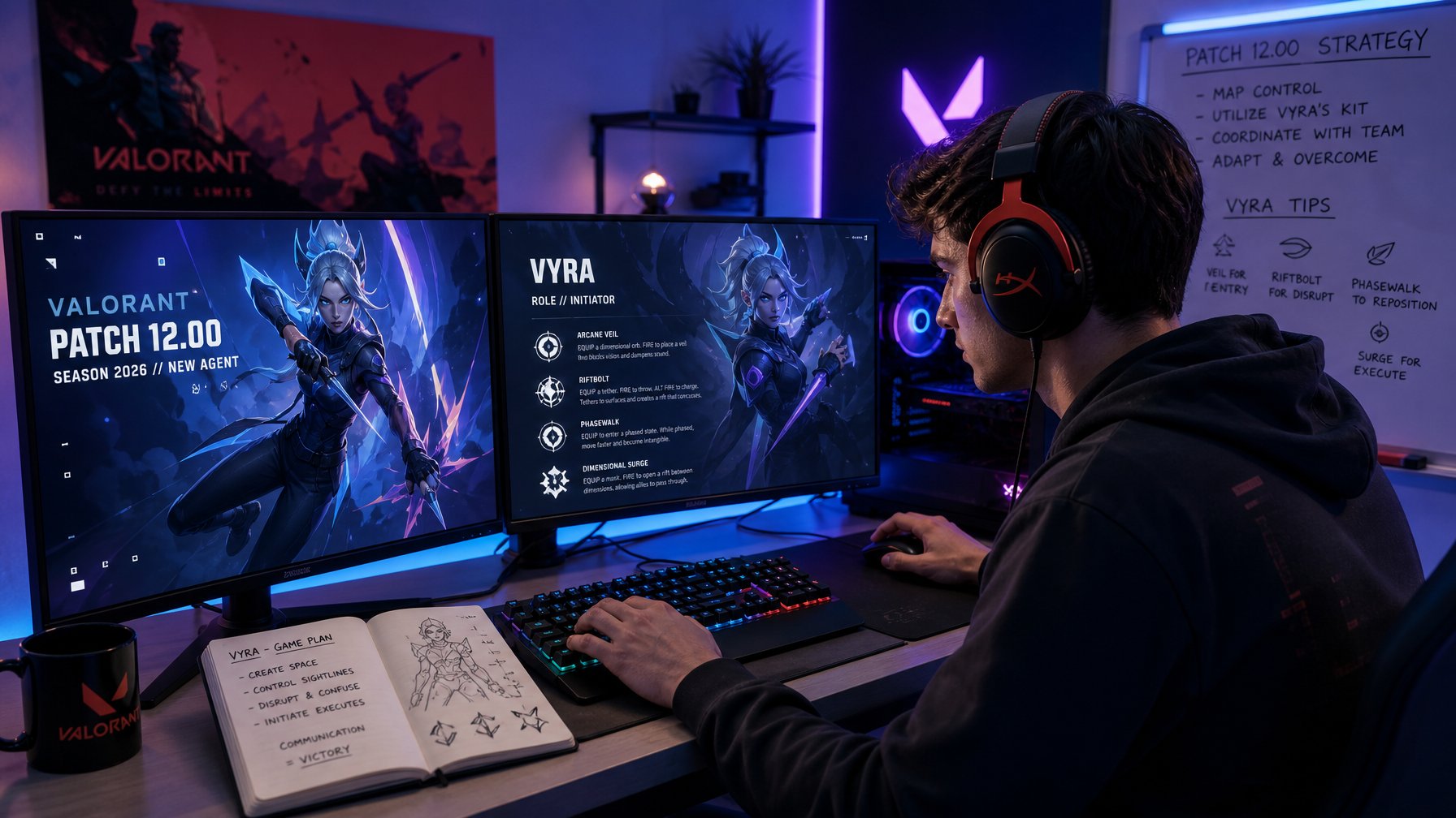 Seorang gamer muda fokus bermain game Valorant dengan setup komputer modern dan layar menampilkan karakter baru dalam permainan.
