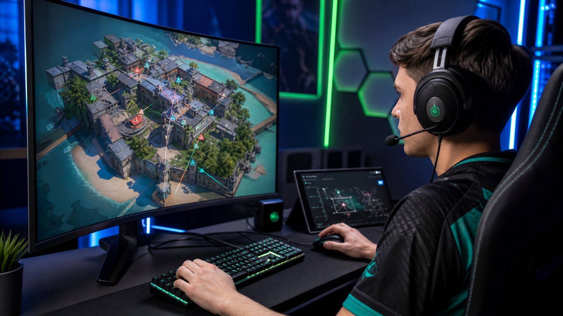 Seorang pemain esports sedang fokus menganalisis peta permainan Valorant Breeze terbaru di depan monitor besar di ruang gaming modern.