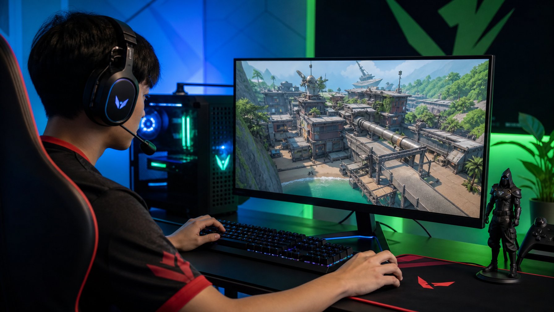 Seorang pemain game sedang fokus di depan layar komputer yang menampilkan peta Breeze terbaru dari Valorant, dengan peralatan gaming di meja dan pencahayaan ambient biru dan hijau.