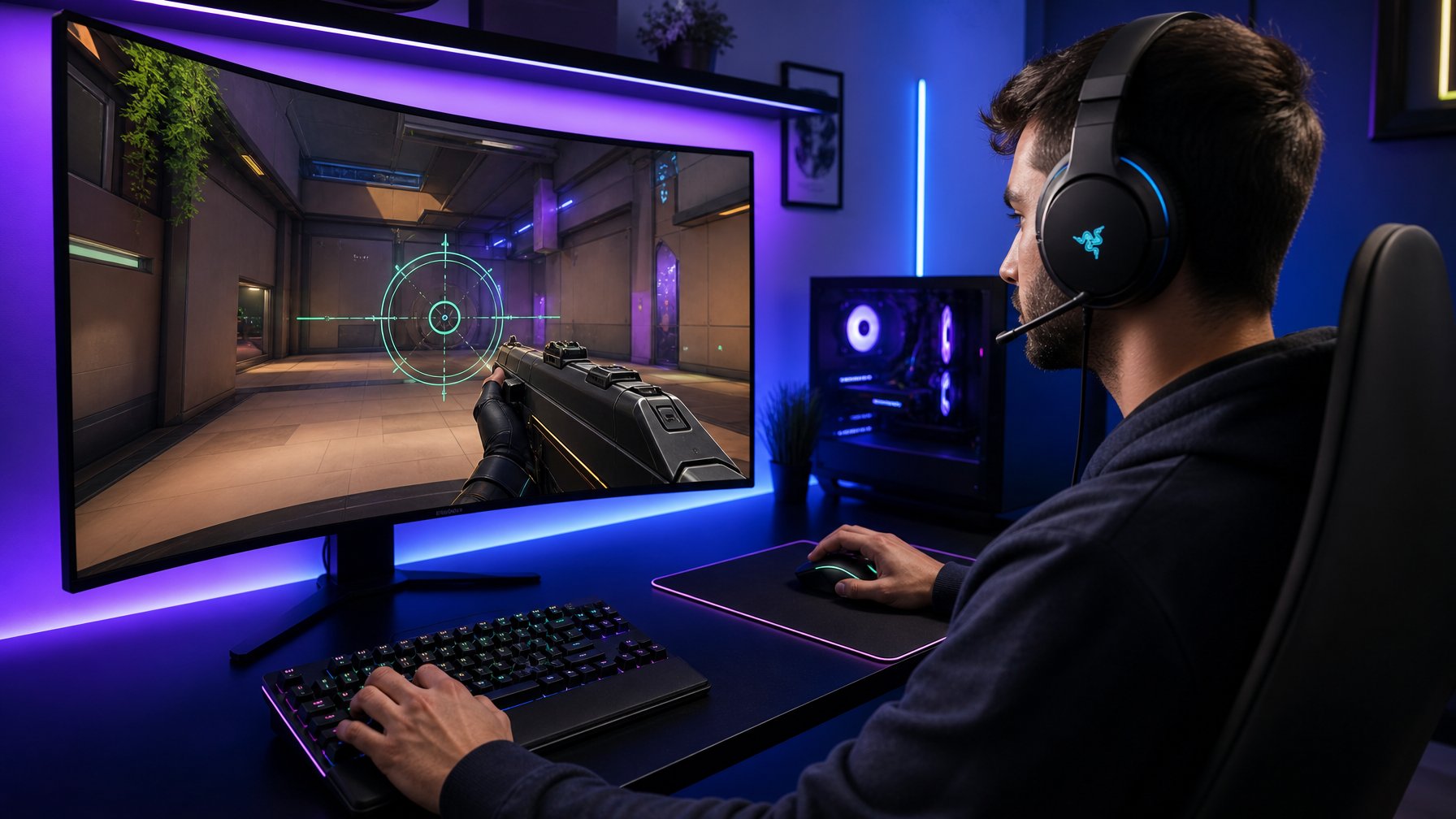 Seorang gamer fokus mengatur sensitivitas mouse di depan layar komputer dengan perangkat gaming lengkap di ruangan yang rapi.
