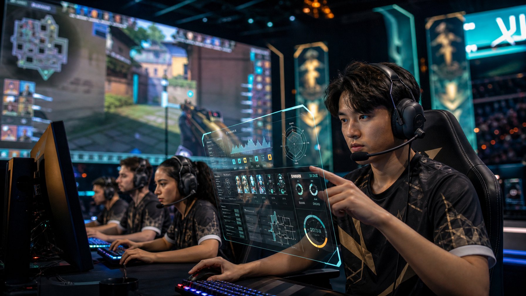 Sejumlah pemain esports sedang fokus bermain Valorant di arena kompetitif dengan layar besar menampilkan peta permainan di latar belakang.