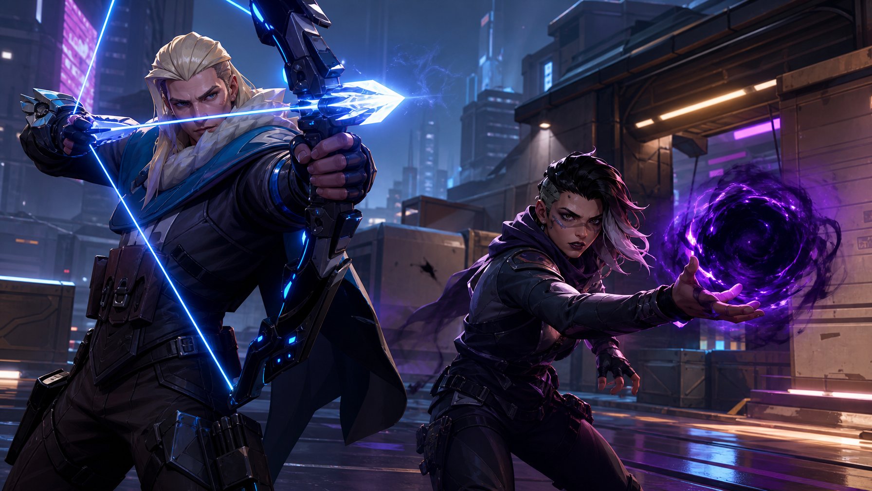 Dua pemain esports sedang bertarung di medan pertempuran futuristik, satu memegang busur energi dan yang lain mengeluarkan bola bayangan ungu.