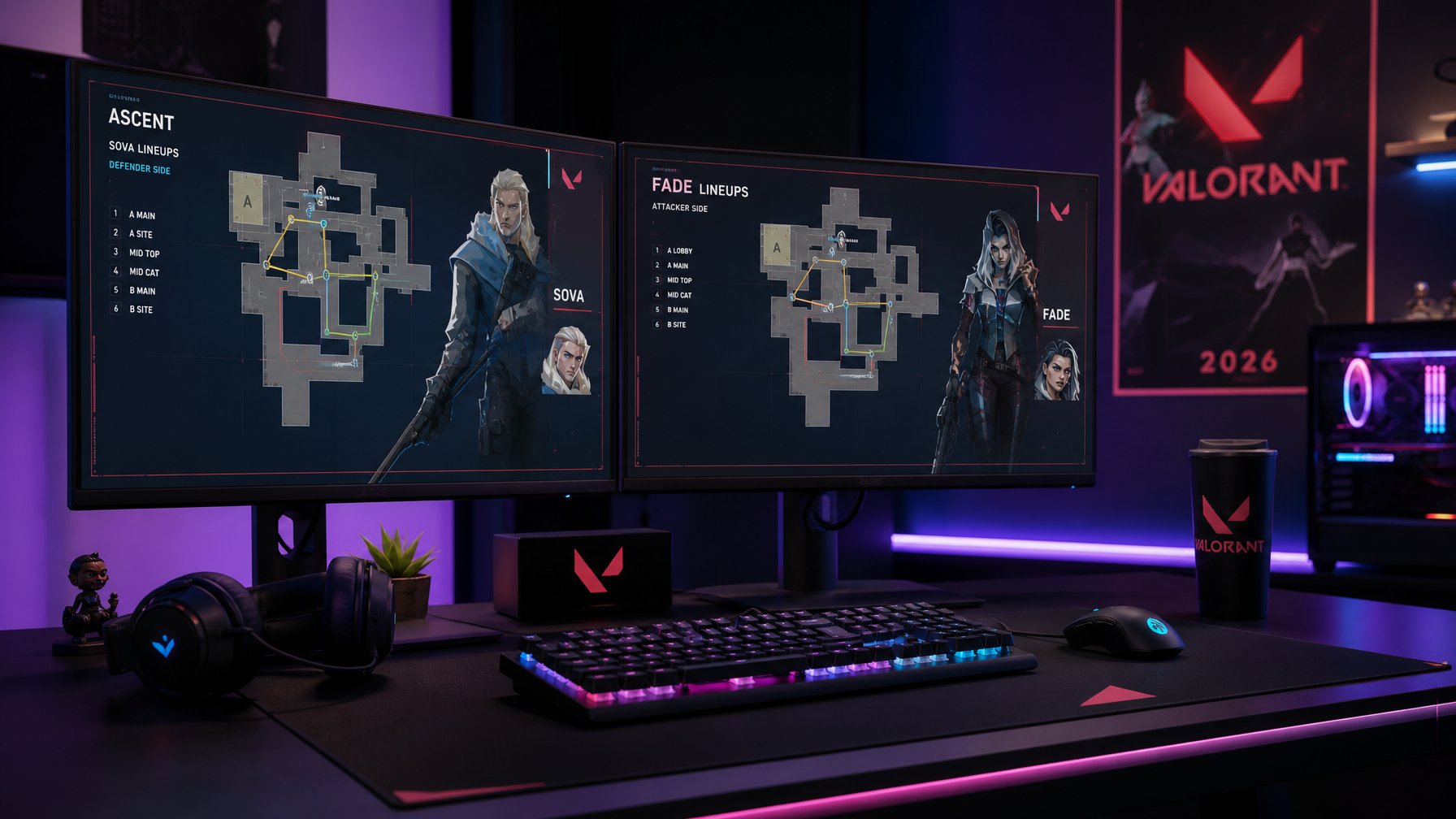 Seorang gamer sedang duduk di depan komputer dengan dua monitor yang menampilkan peta taktis dan lineup agen Sova dan Fade dalam permainan Valorant.