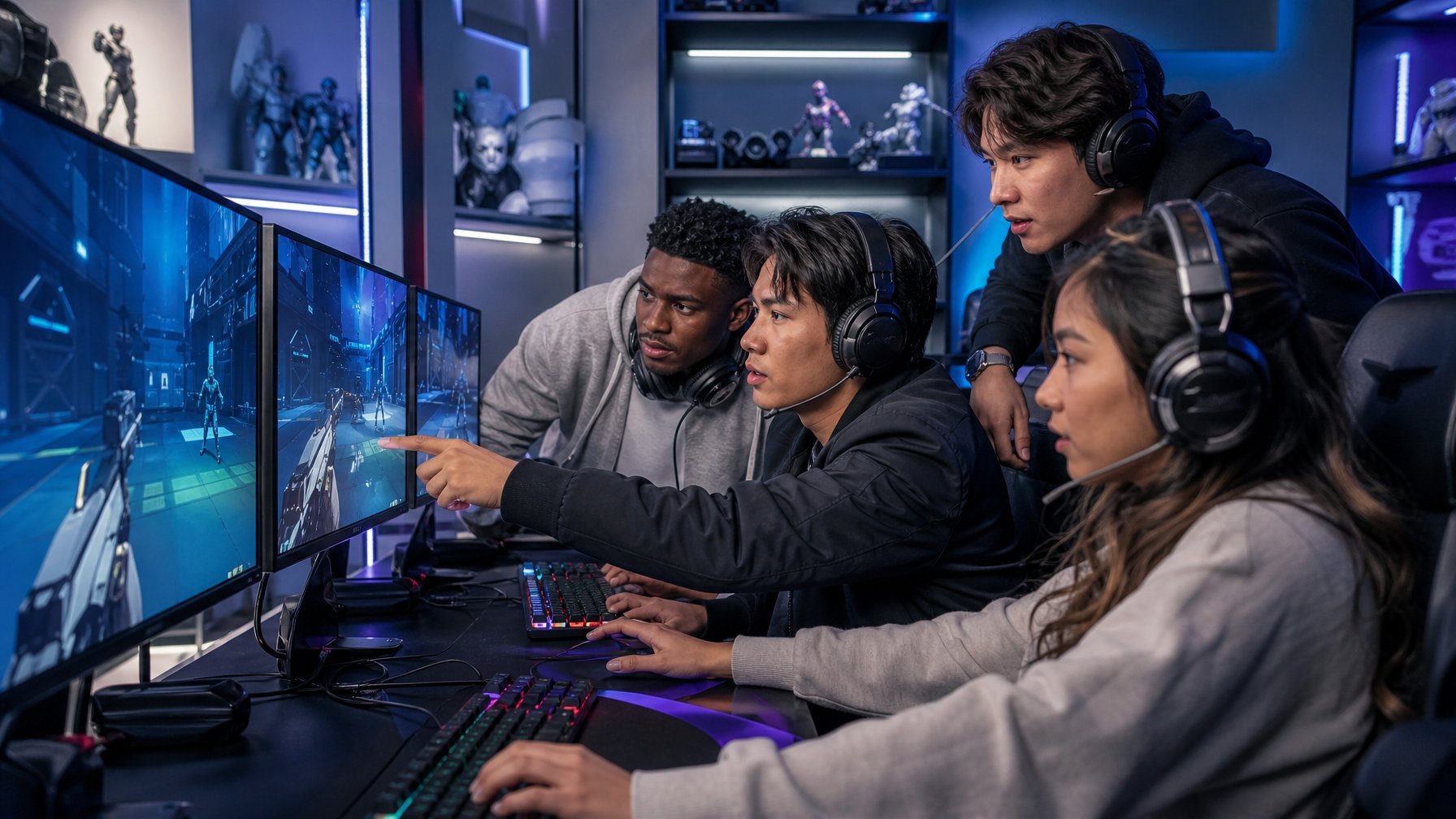 Sekelompok orang muda sedang bermain game Valorant bersama di ruangan gaming dengan monitor besar dan headset, tampak fokus dan berkomunikasi aktif.
