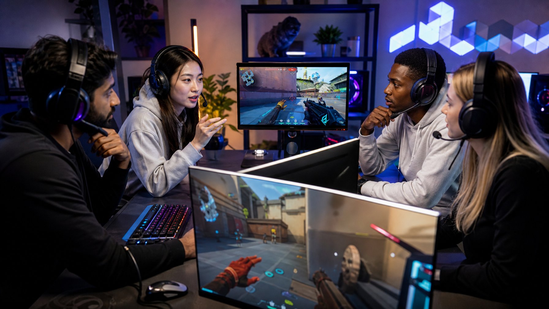 Sekelompok pemain muda sedang bermain game Valorant bersama dengan fokus dan berkomunikasi menggunakan headset di ruang gaming modern.