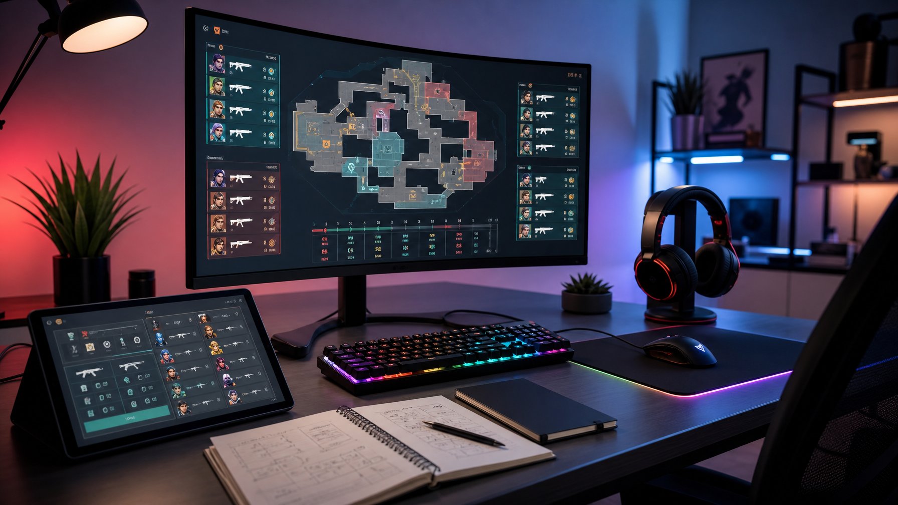 Sebuah meja gaming dengan monitor menampilkan peta dan statistik Valorant, keyboard dan mouse gaming dengan lampu RGB, serta catatan strategi dan rencana ekonomi untuk memenangkan ronde.