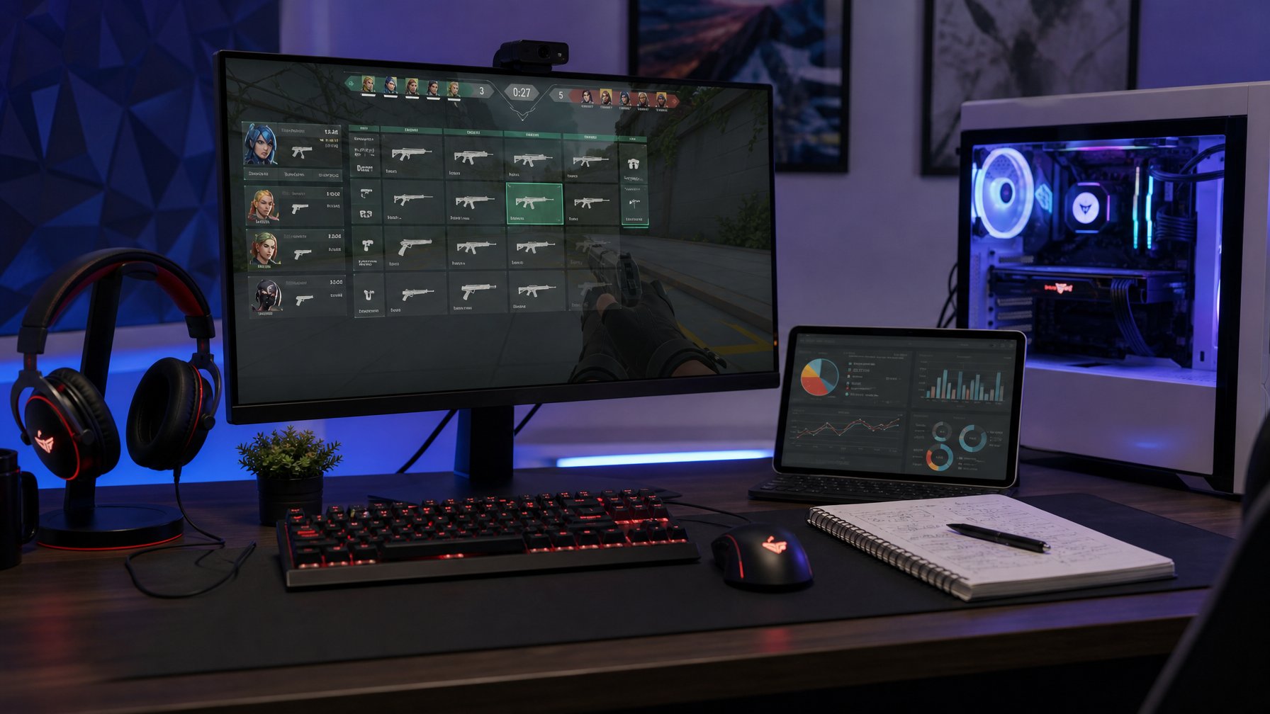 Seorang gamer sedang duduk di depan komputer dengan layar menampilkan permainan Valorant dan berbagai perlengkapan gaming di meja, menunjukkan suasana fokus dan persiapan strategi permainan.