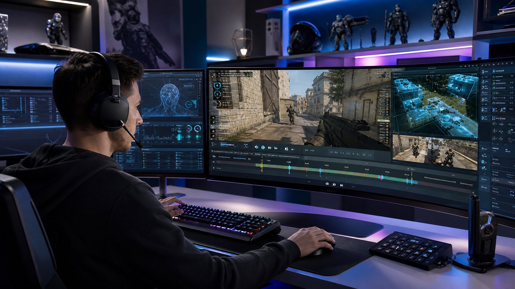 Seorang pemain muda sedang menggunakan komputer dengan beberapa layar menampilkan rekaman permainan video, di sebuah ruangan gaming modern dengan pencahayaan biru dan ungu.
