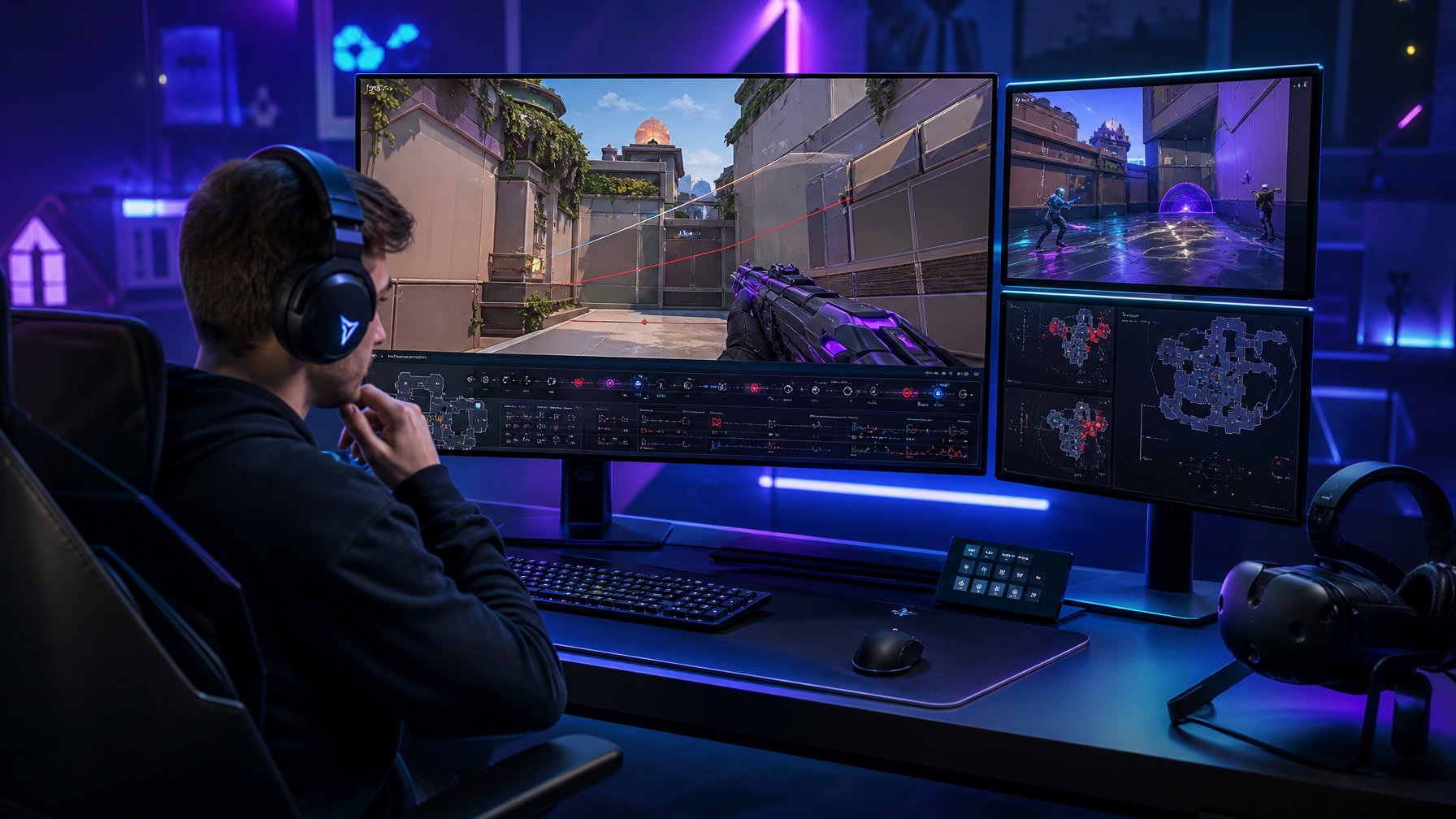 Seorang gamer sedang menggunakan sistem replay Valorant terbaru di depan komputer dengan beberapa layar yang menampilkan cuplikan permainan.