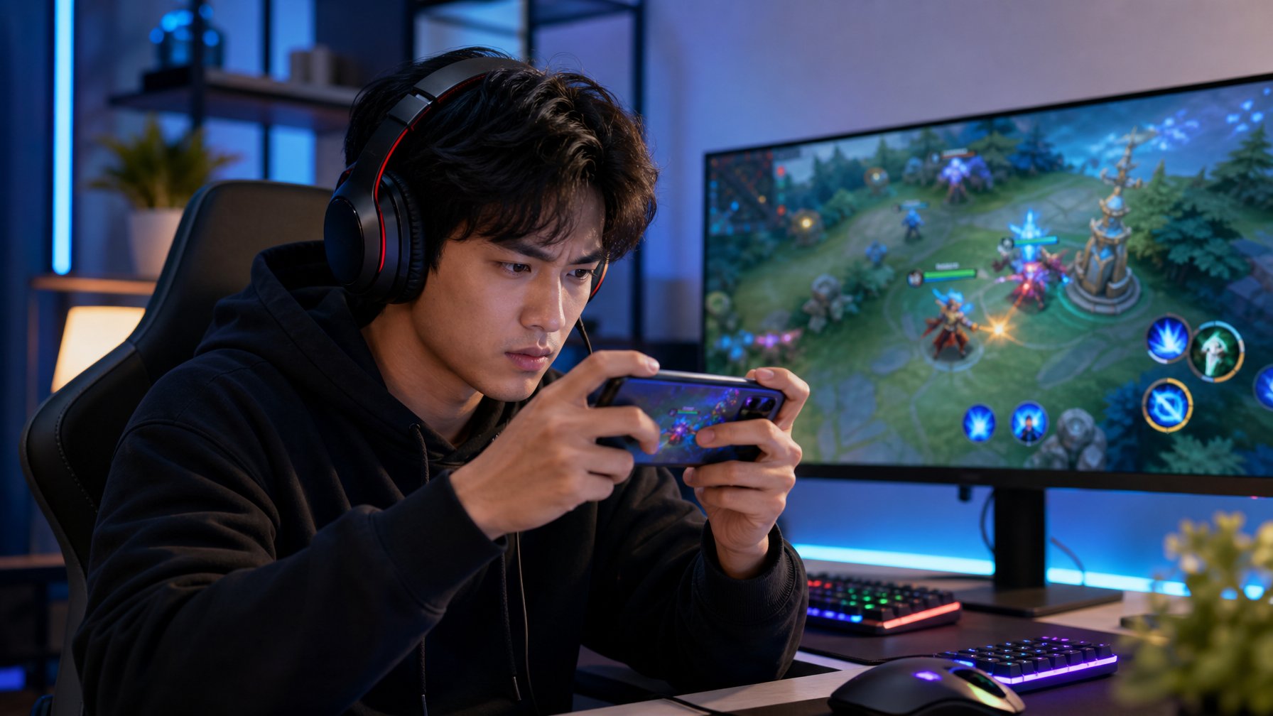 Seorang pemain muda fokus bermain game di ponsel dengan latar belakang monitor menampilkan grafis permainan fantasi.