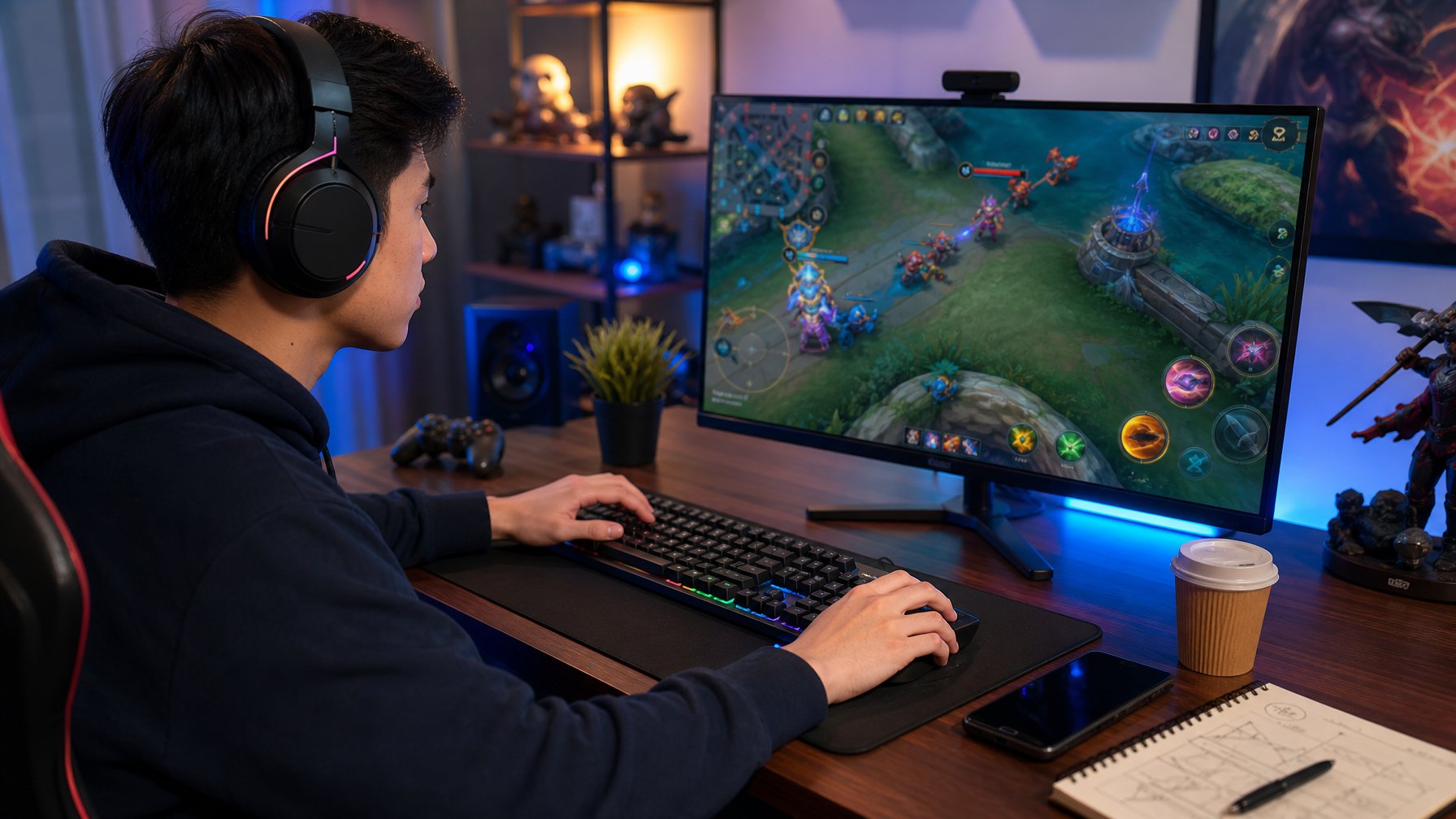 Seorang gamer muda duduk di depan komputer dengan layar menampilkan permainan Arena of Valor, fokus bermain di ruangan dengan pencahayaan hangat dan perlengkapan gaming di sekitarnya.